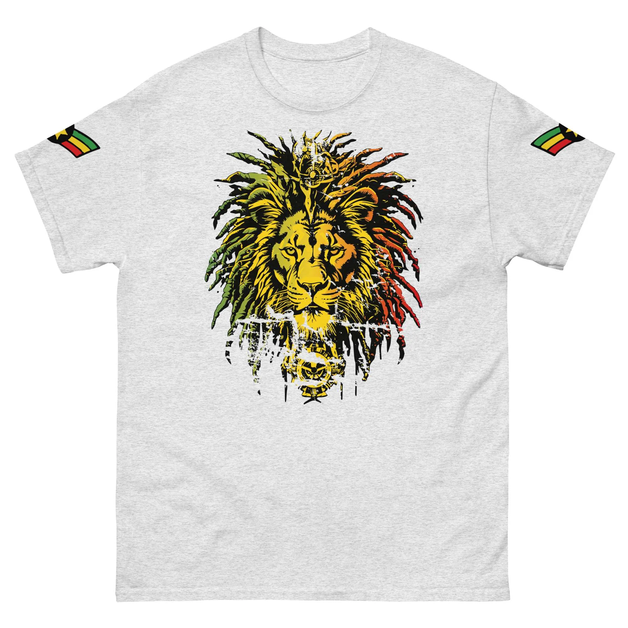Lion tshirt Rasta Military Lion of Judah Style front ash view with military sleeves in red gold and green. Rastaseed Rastafarian Reggae clothing and accessories.