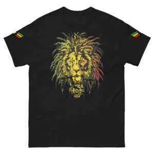 Lion tshirt Rasta Military Lion of Judah Style with military sleeves in red gold and green. Rastaseed Rastafarian Reggae clothing and accessories.