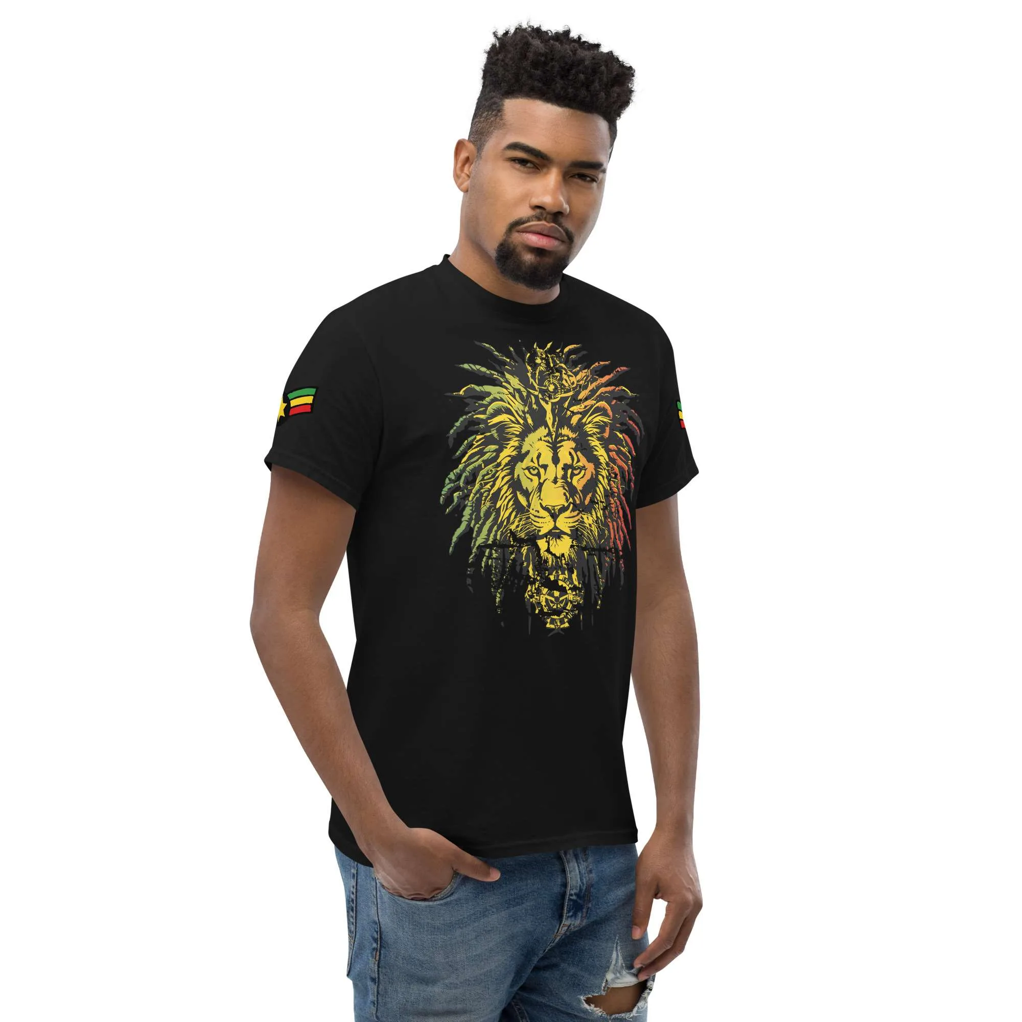 Lion tshirt Rasta Military Lion of Judah Style front model view black with military sleeves in red gold and green. Rastaseed Rastafarian Reggae clothing and accessories.