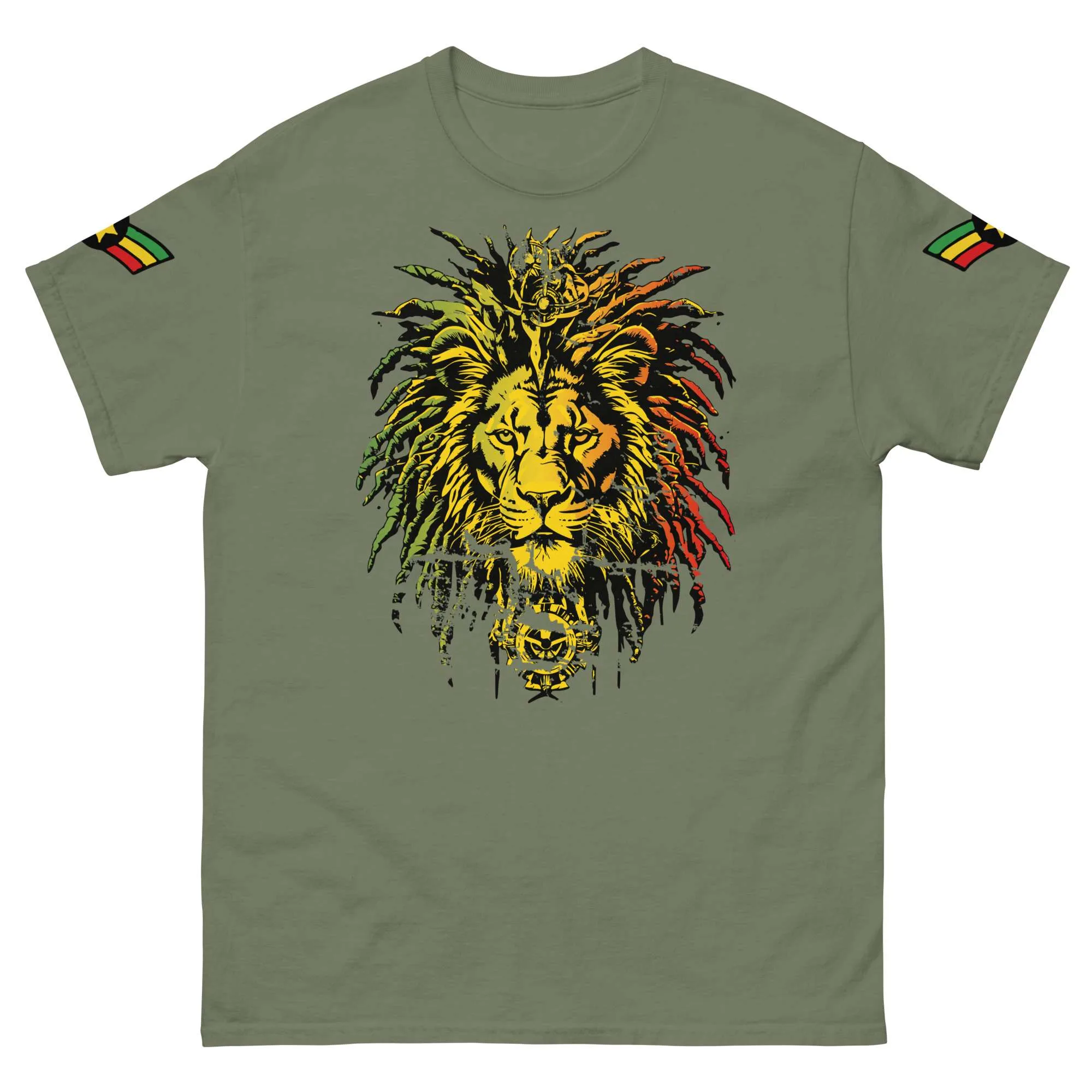 Lion tshirt Rasta Military Lion of Judah Style khaki green front with military sleeves in red gold and green. Rastaseed Rastafarian Reggae clothing and accessories.