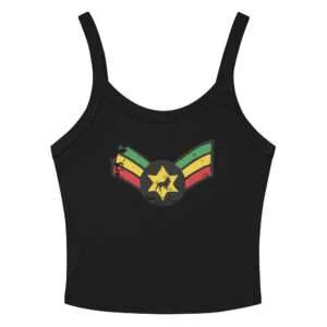 Reggae Rasta tank top black front view with Lion of Judah military wings design in red gold and green. Rastaseed brand of original Rastafarian Jamaican merchandise.