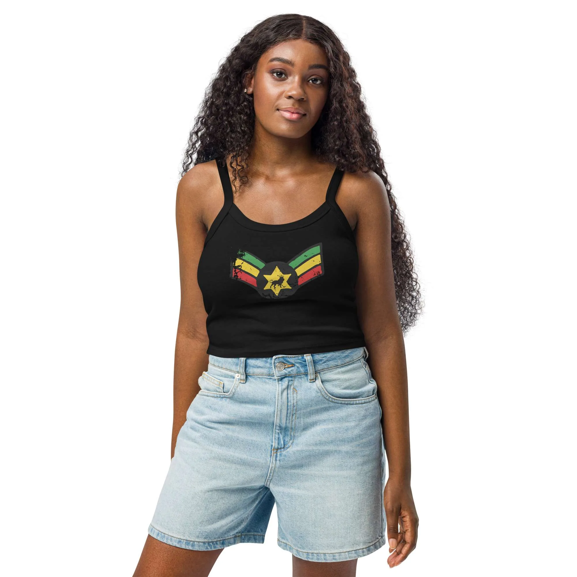 Reggae Rasta tank top black full model front view with Lion of Judah military wings design in red gold and green. Rastaseed brand of original Rastafarian Jamaican merchandise.