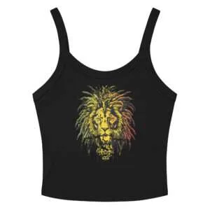 Tank Lion in Rasta style black front. Reggae colors micro rib singlet top in black or white. Rastaseed brand Rastafarian Reggae and Jamaican merchandise.