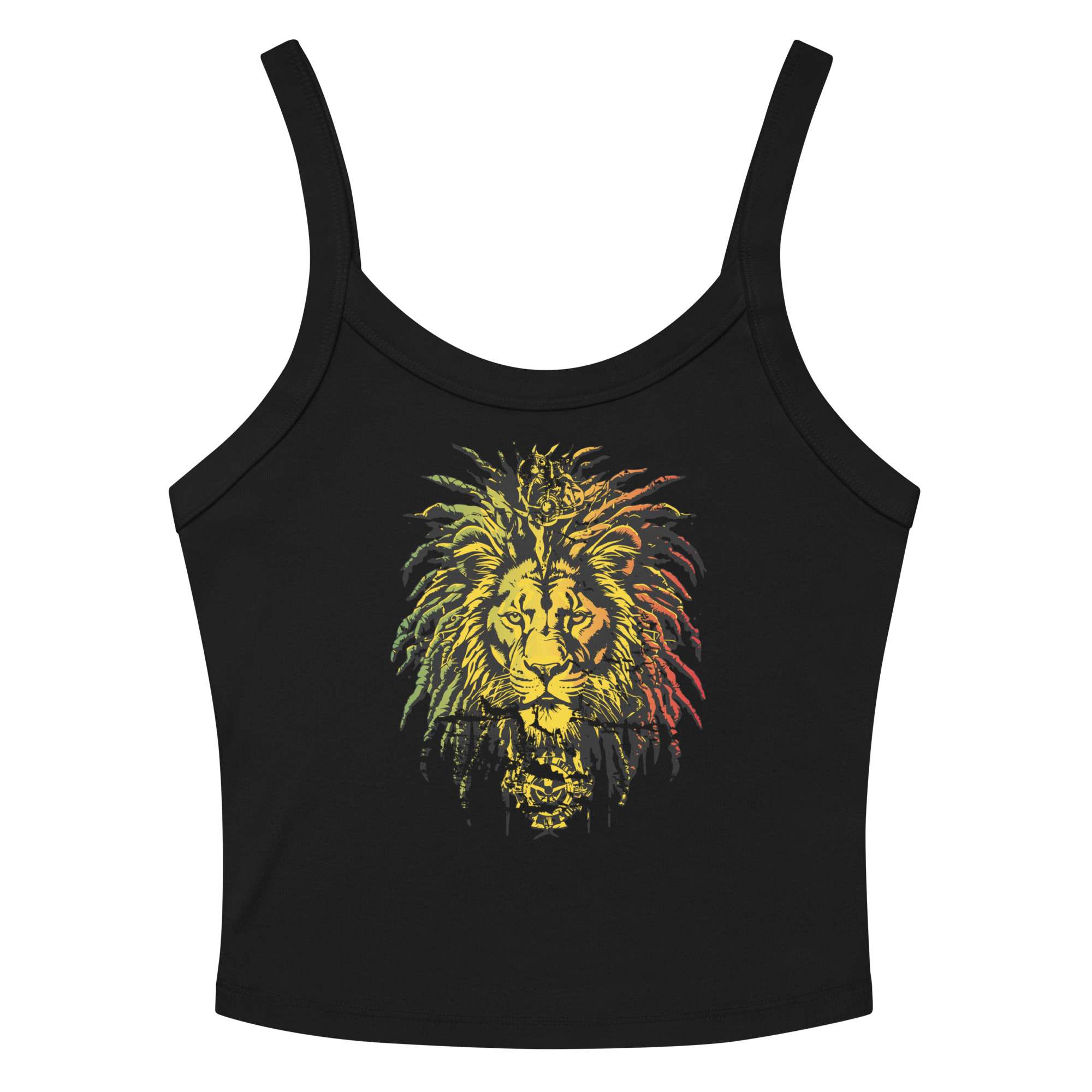 Tank Lion in Rasta style black front. Reggae colors micro rib singlet top in black or white. Rastaseed brand Rastafarian Reggae and Jamaican merchandise.