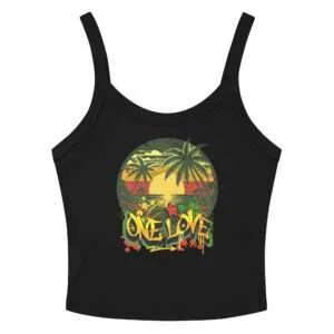 Love tank tops black front view with One Love Rasta Graffiti and Jamaican sunset design. Rastaseed clothing brand for cotton blend micro rib singlet top.