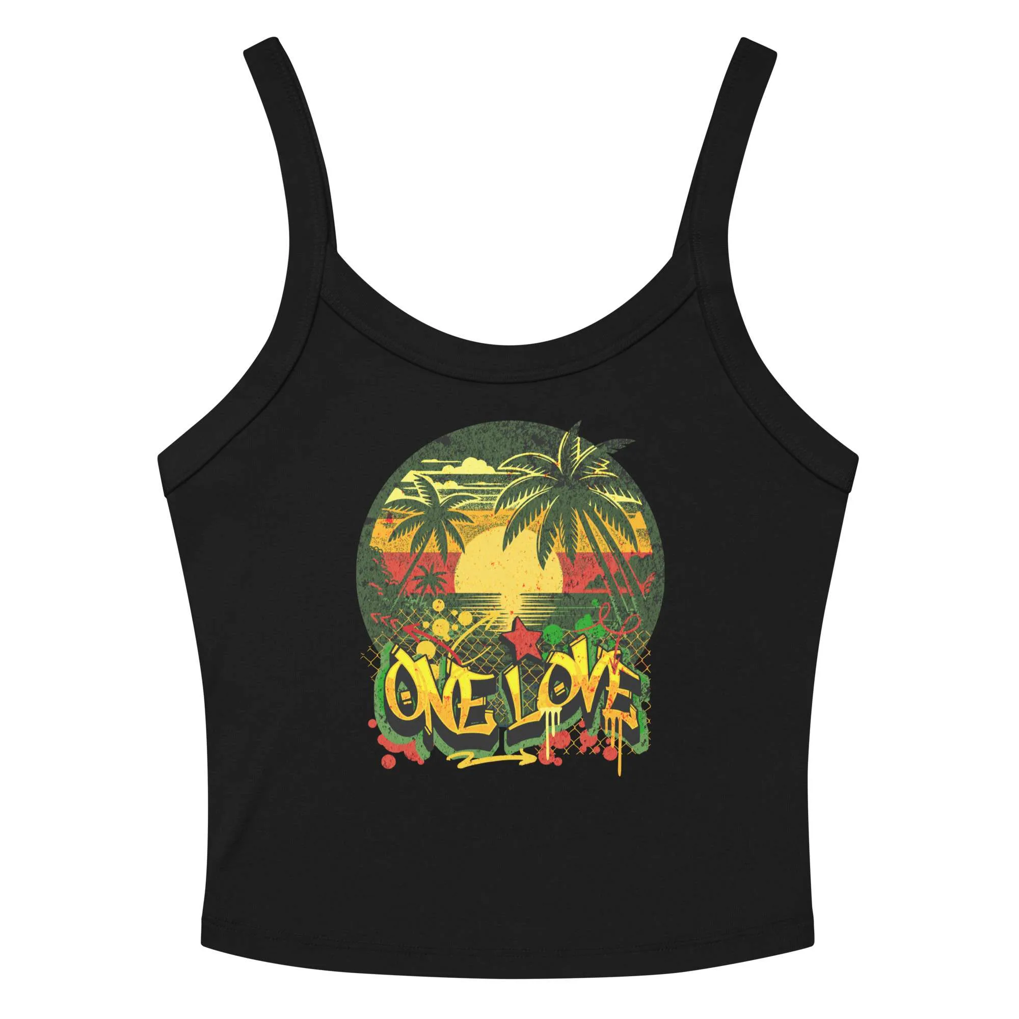 Love tank tops black front view with One Love Rasta Graffiti and Jamaican sunset design. Rastaseed clothing brand for cotton blend micro rib singlet top.