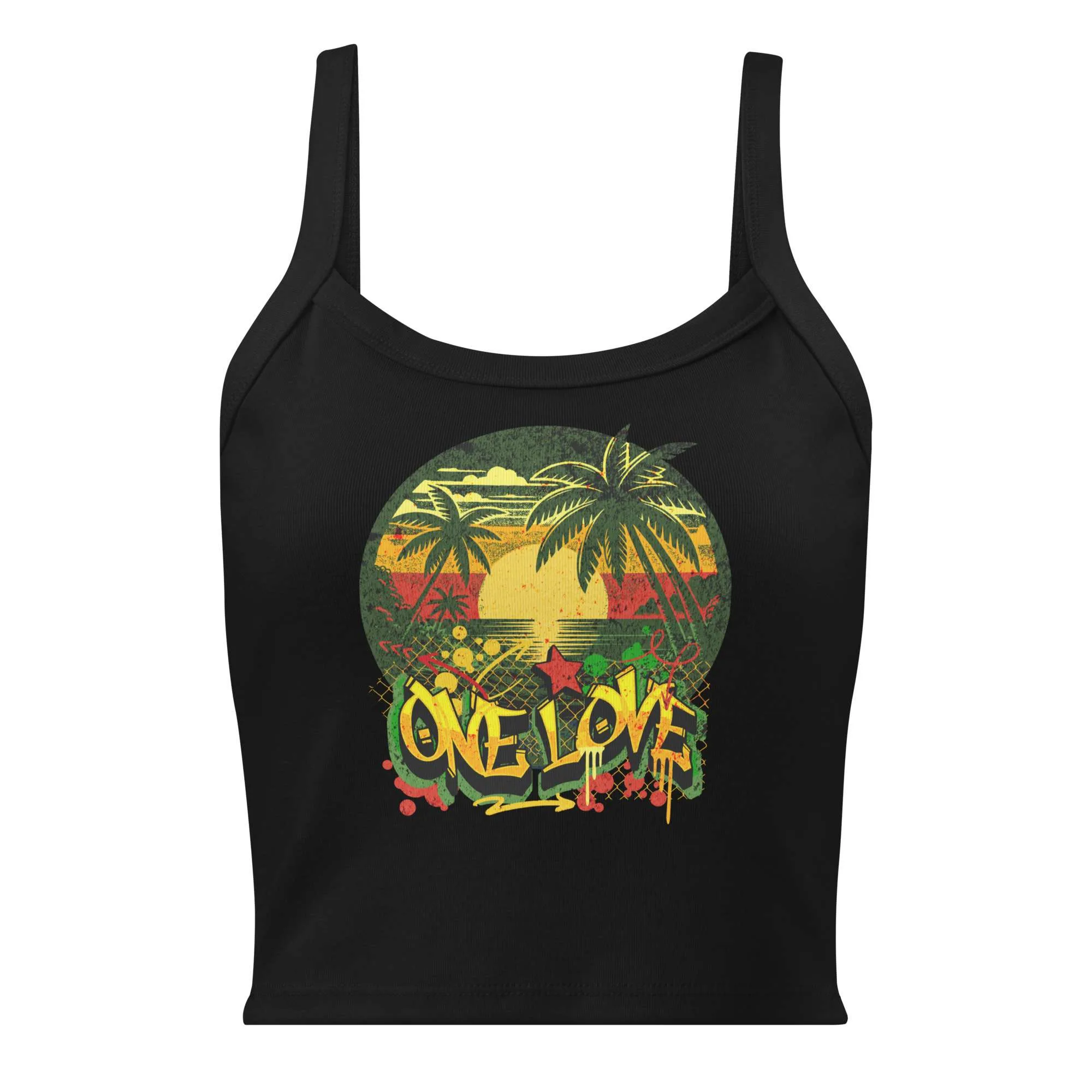 Love tank tops black front view with One Love Rasta Graffiti and Jamaican sunset design. Rastaseed clothing brand for cotton blend micro rib singlet top.