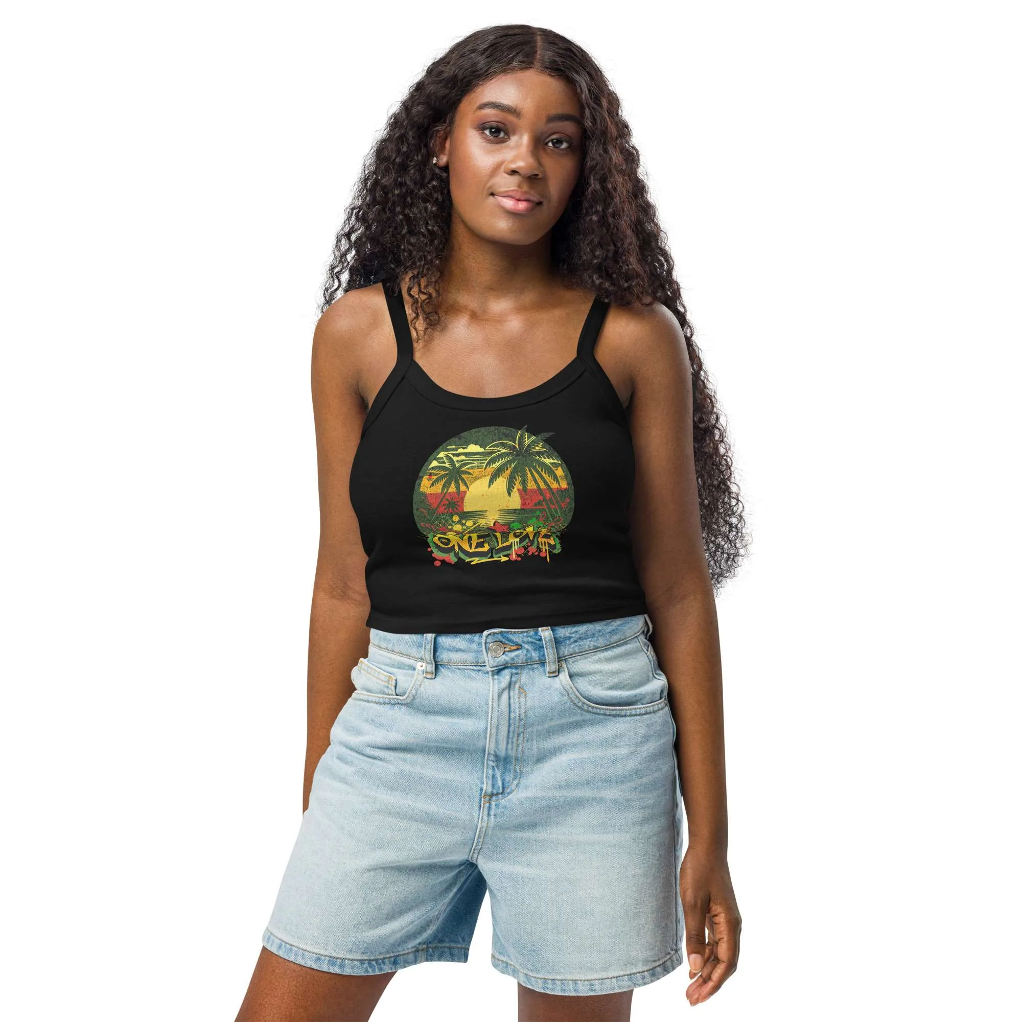 Love tank tops black model front view with One Love Rasta Graffiti and Jamaican sunset design. Rastaseed clothing brand for cotton blend micro rib singlet top.