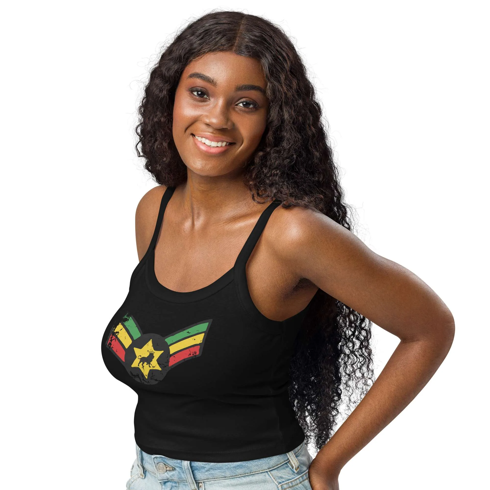 Reggae Rasta tank top black front model view with Lion of Judah military wings design in red gold and green. Rastaseed brand of original Rastafarian Jamaican merchandise.