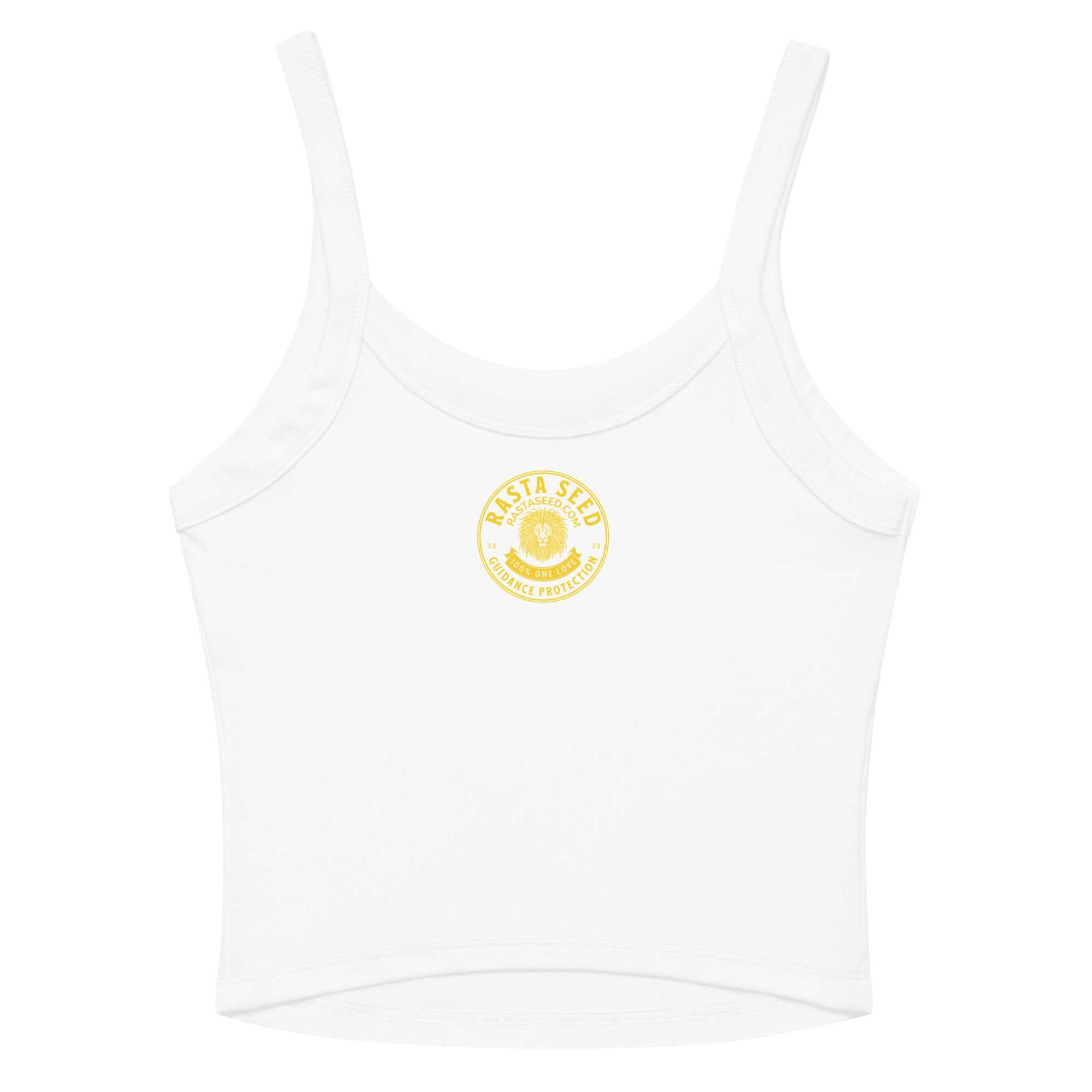Tank Lion in Rasta style white back view. Reggae colors micro rib singlet top in black or white. Rastaseed brand Rastafarian Reggae and Jamaican merchandise.