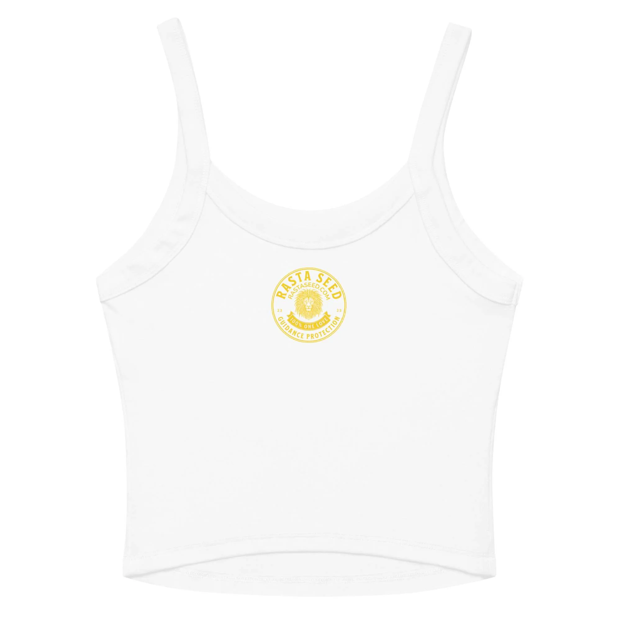 Love tank tops white back view with One Love Rasta Graffiti and Jamaican sunset design. Rastaseed clothing brand for cotton blend micro rib singlet top.