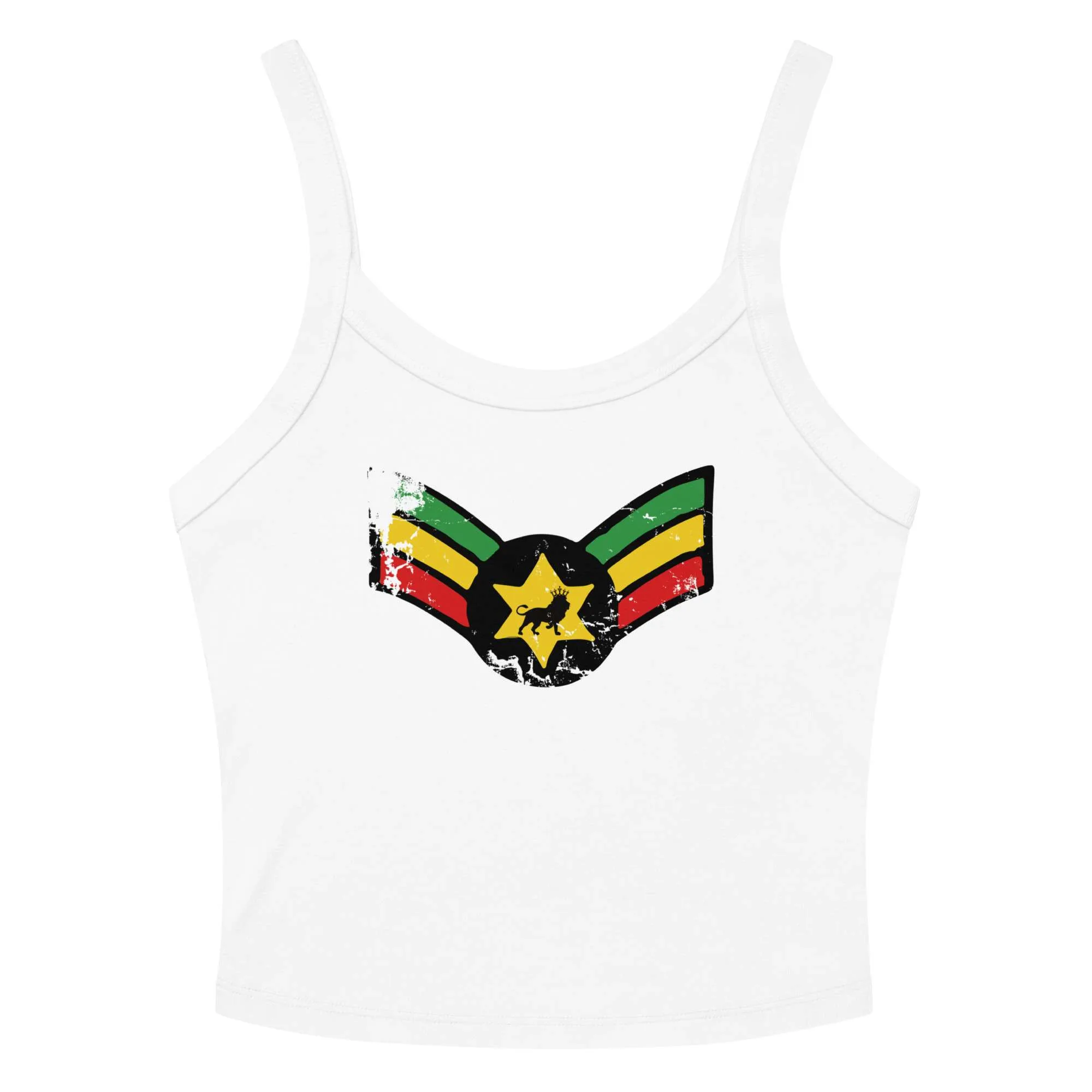 Reggae Rasta tank top white front view with Lion of Judah military wings design in red gold and green. Rastaseed brand of original Rastafarian Jamaican merchandise.