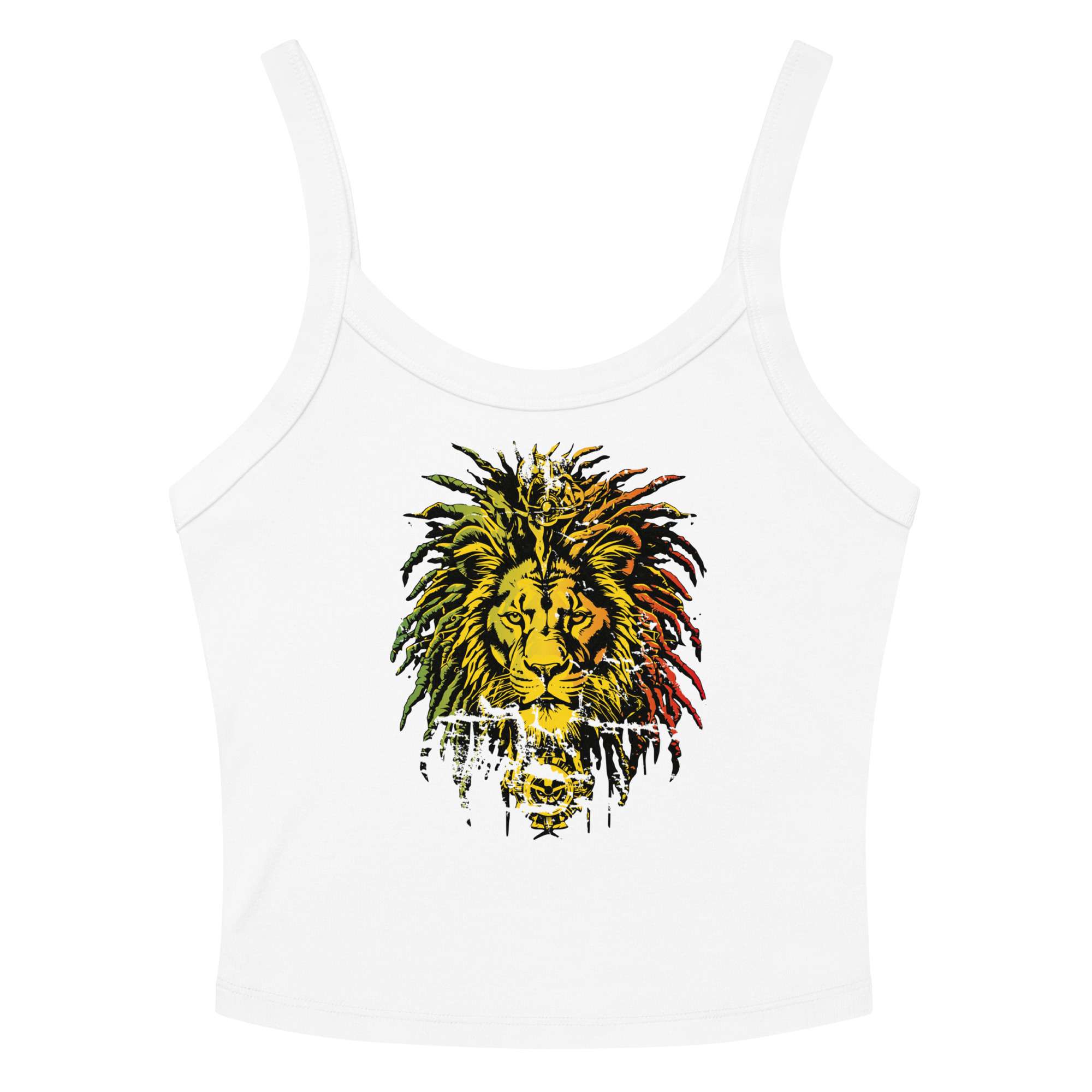 Tank Lion in Rasta style white front view. Reggae colors micro rib singlet top in black or white. Rastaseed brand Rastafarian Reggae and Jamaican merchandise.