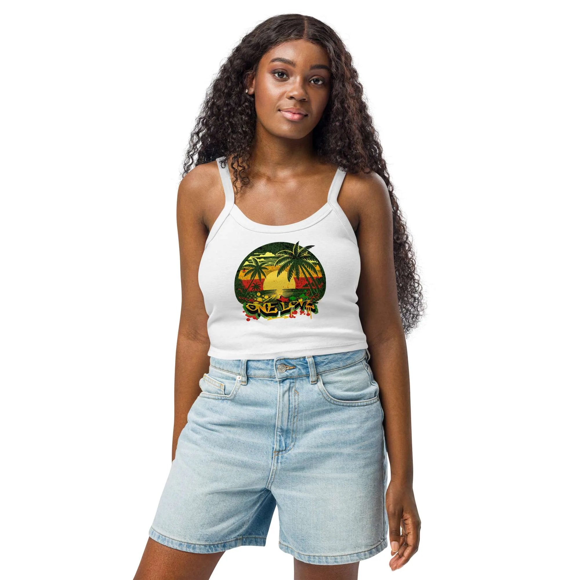 Love tank tops white model front view with One Love Rasta Graffiti and Jamaican sunset design. Rastaseed clothing brand for cotton blend micro rib singlet top.