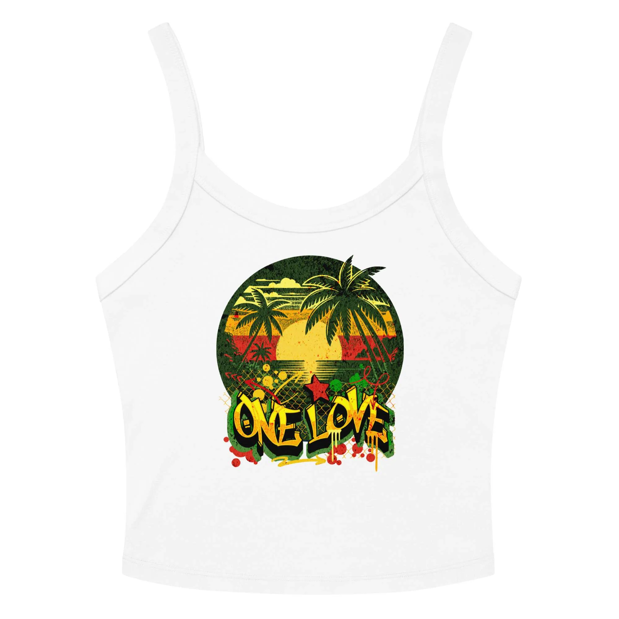Love tank tops white front view with One Love Rasta Graffiti and Jamaican sunset design. Rastaseed clothing brand for cotton blend micro rib singlet top.