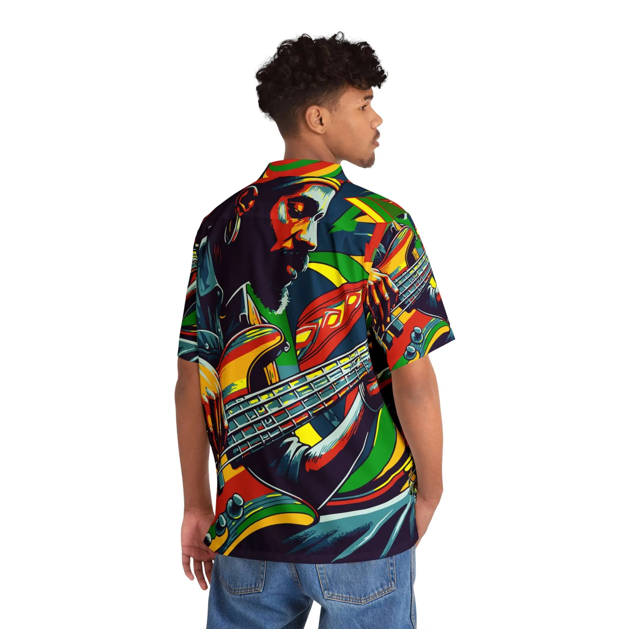 Hawaiian Shirt Rasta Reggae Bassline Design back model view in Red Gold and Green. Psychadelic theme at Rastaseed Rastafarian Reggae Clothing and Apparel.