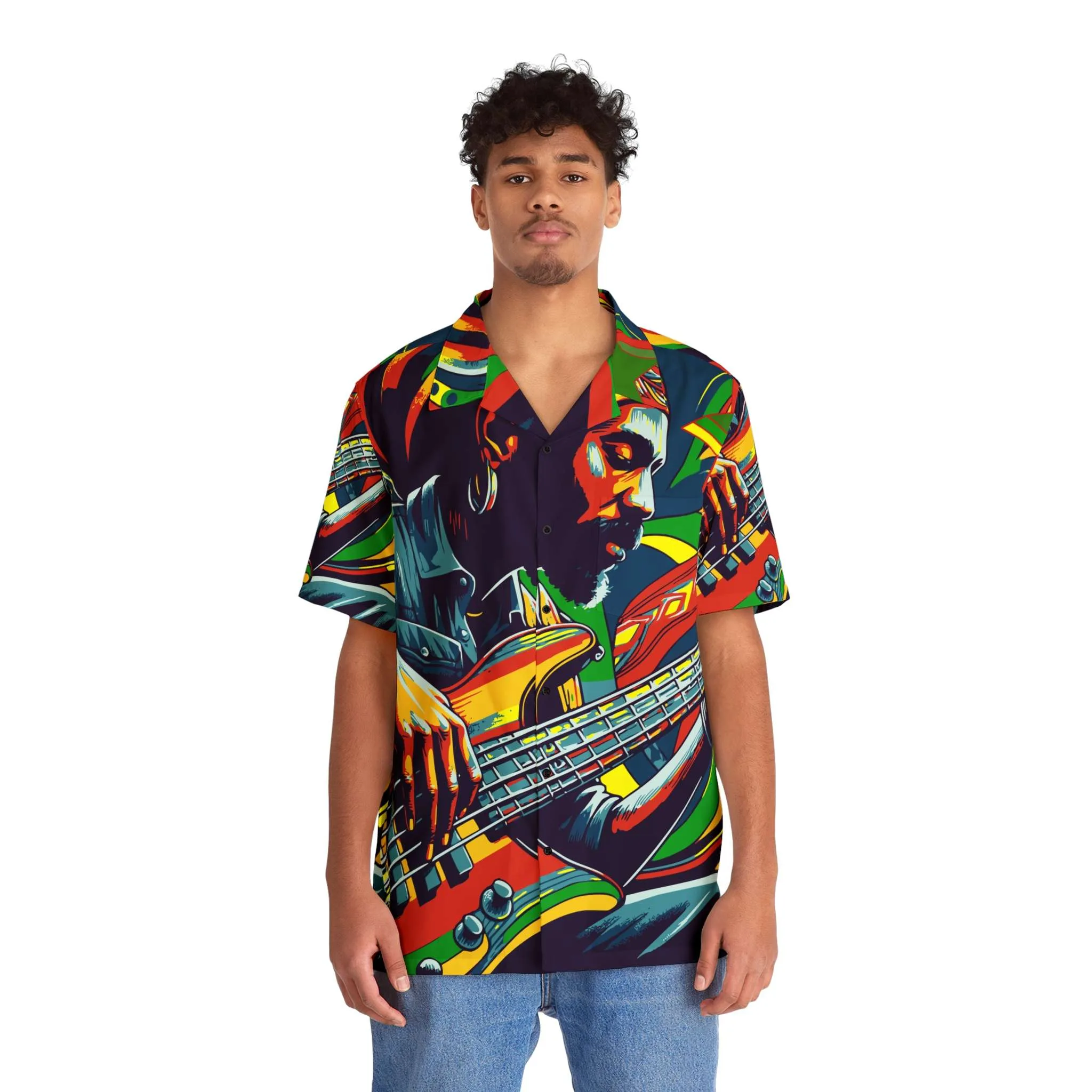 Hawaiian Shirt Rasta Reggae Bassline Design front model view in Red Gold and Green. Psychadelic theme at Rastaseed Rastafarian Reggae Clothing and Apparel.