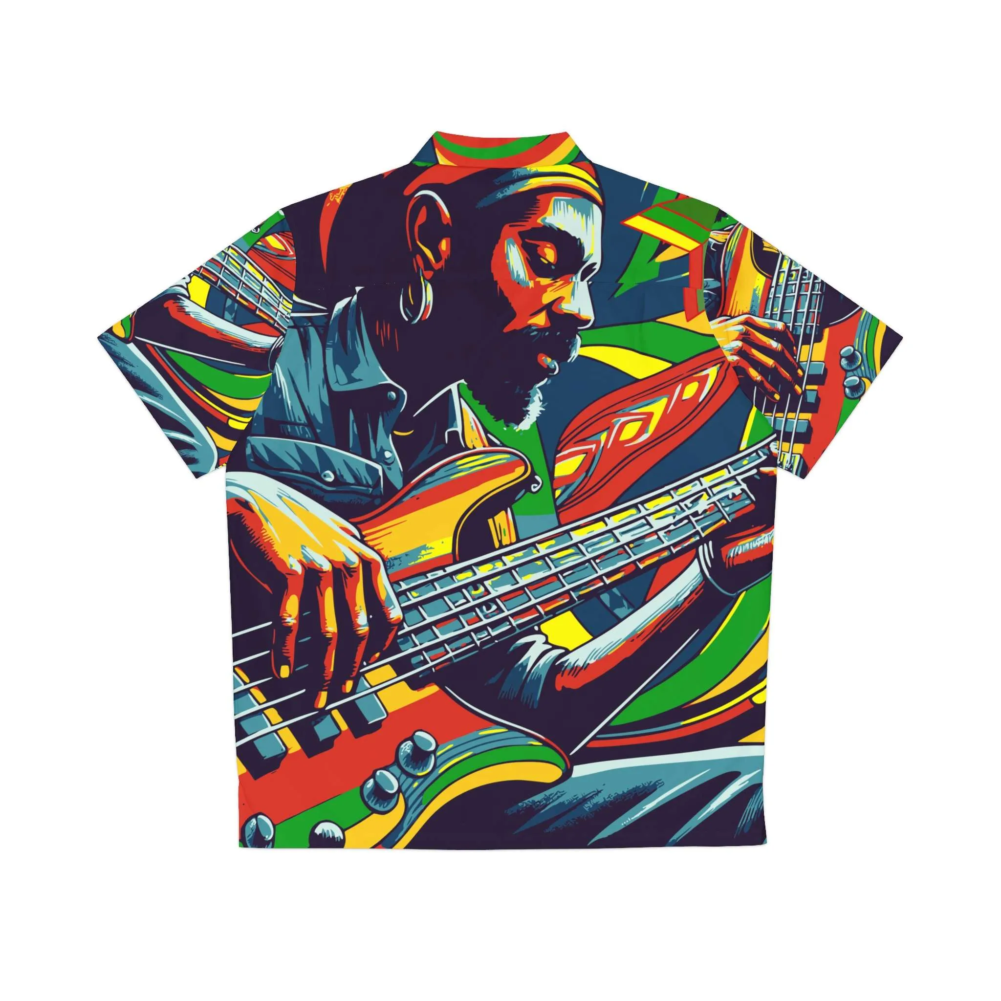 Hawaiian Shirt Rasta Reggae Bassline Design back view in Red Gold and Green. Psychadelic theme at Rastaseed Rastafarian Reggae Clothing and Apparel.