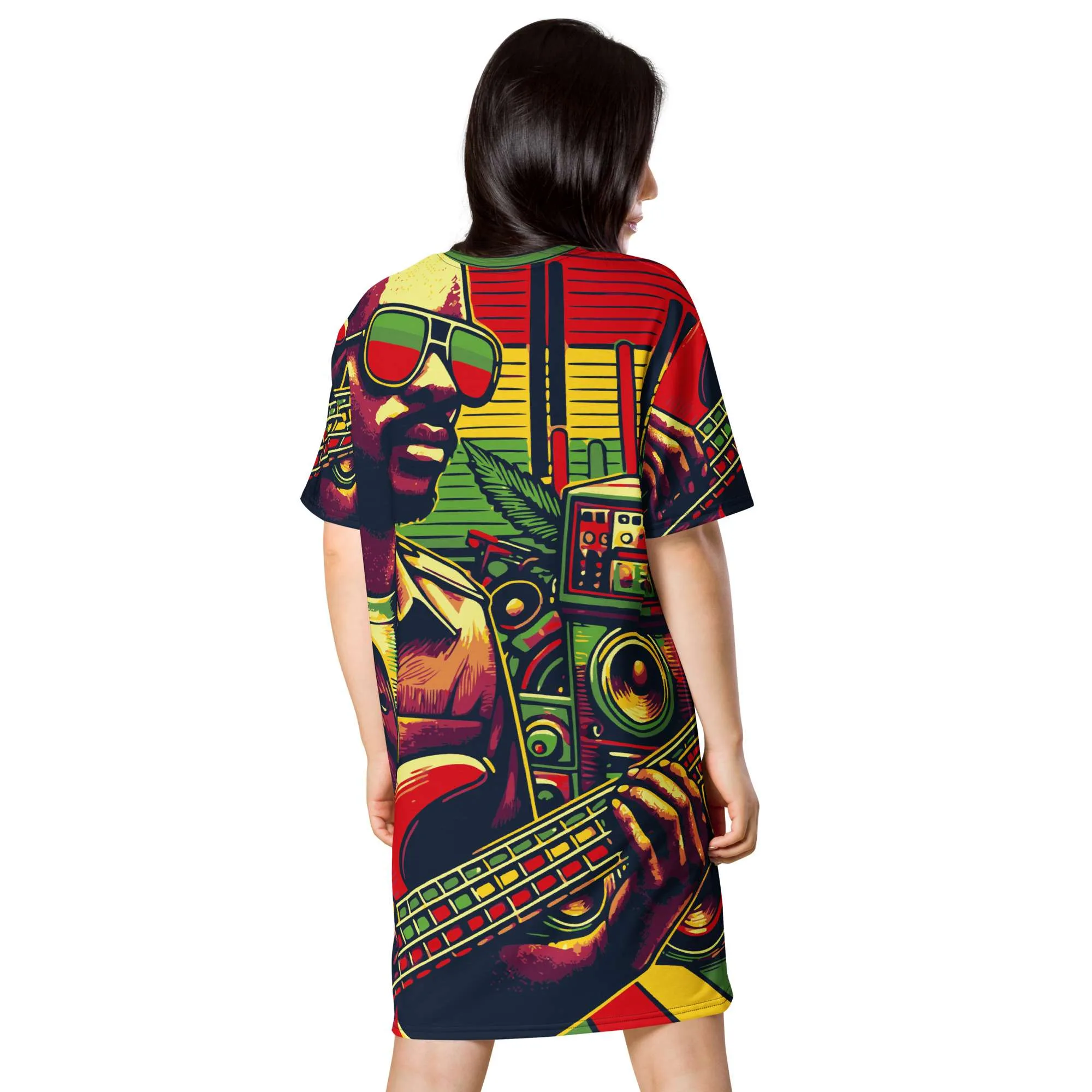 Reggae Drum Bass T-shirt dress back model viewin small to large sizes. Rasta colors and vibrant design at Rastaseed Rastafarian Jamaican Reggae Clothing.