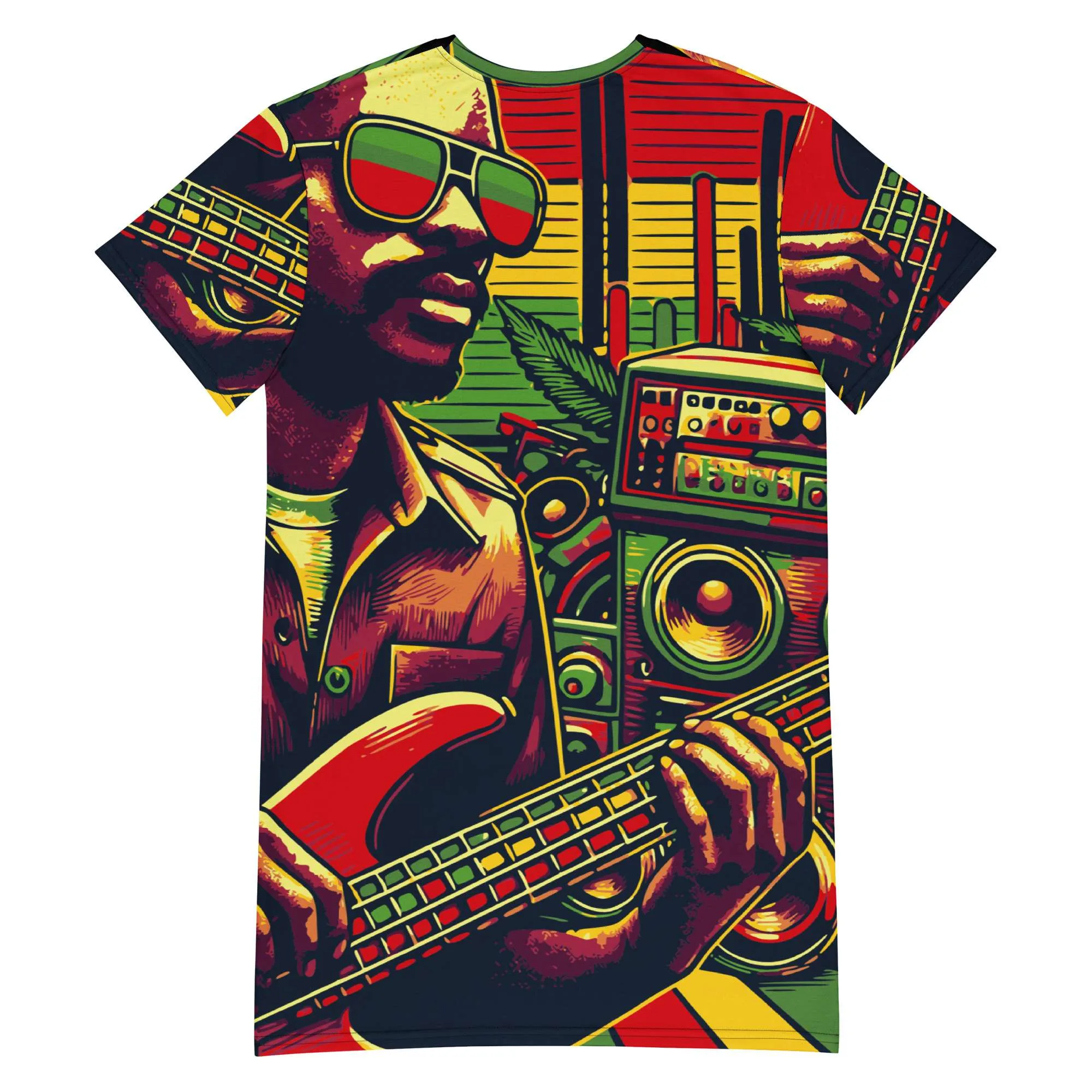 Reggae Drum Bass T-shirt dress back view in small to large sizes. Rasta colors and vibrant design at Rastaseed Rastafarian Jamaican Reggae Clothing.