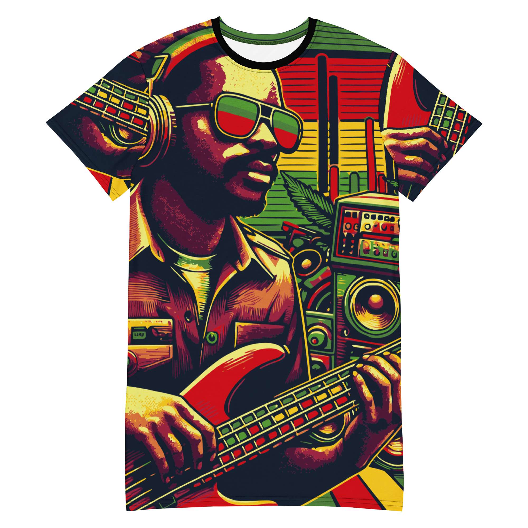 Reggae Drum Bass T-shirt dress front view in small to large sizes. Rasta colors and vibrant design at Rastaseed Rastafarian Jamaican Reggae Clothing.