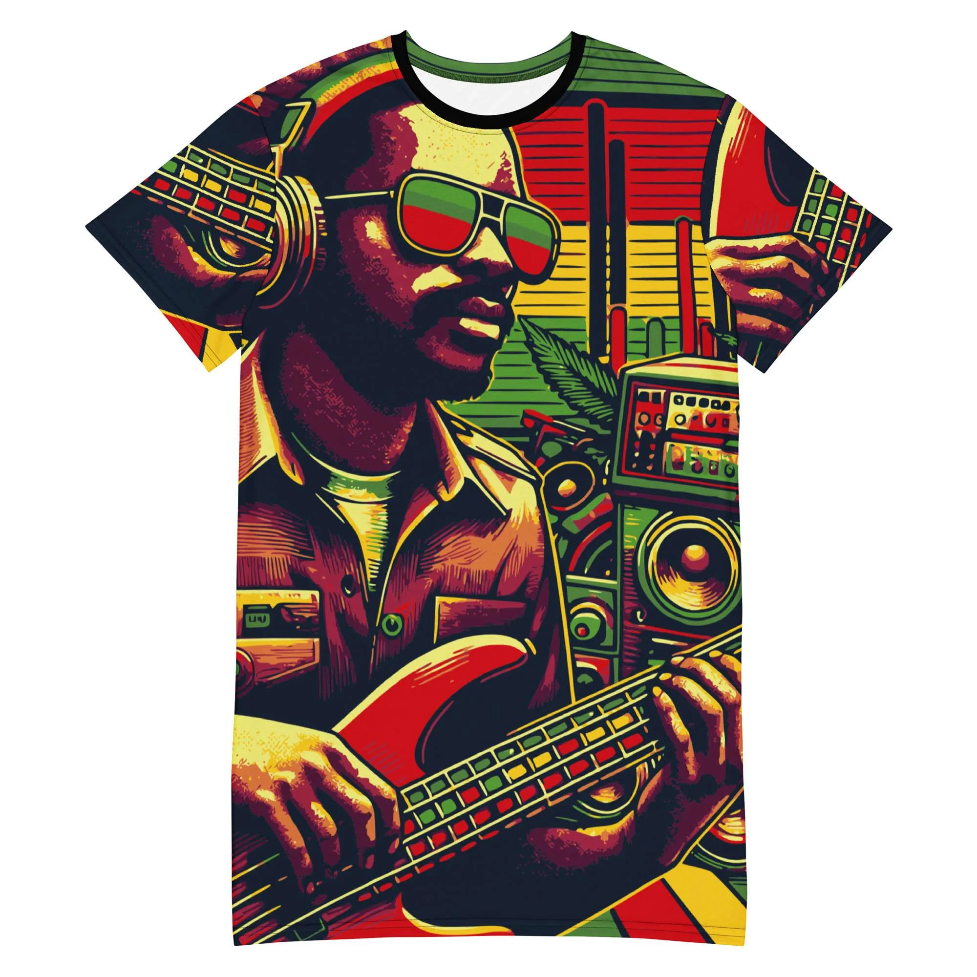 Reggae Drum Bass T-shirt dress front view in small to large sizes. Rasta colors and vibrant design at Rastaseed Rastafarian Jamaican Reggae Clothing.