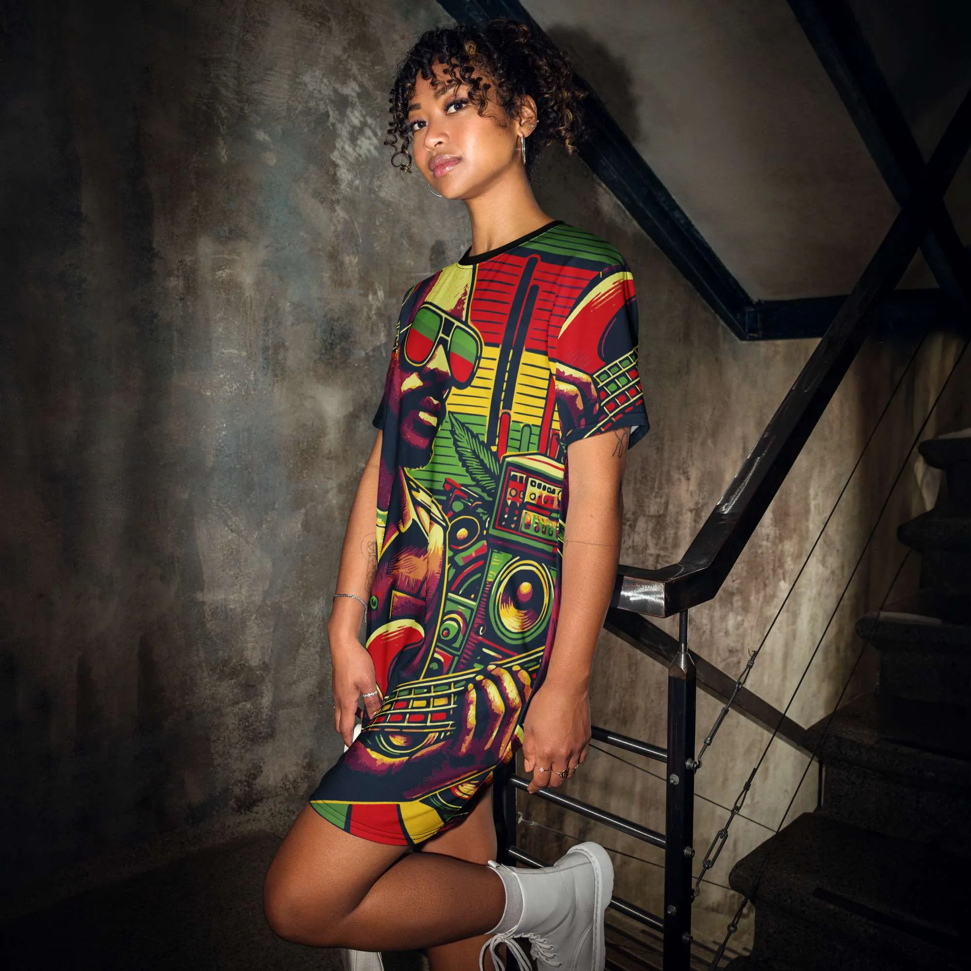 Reggae Drum Bass T-shirt dress front model view in small to large sizes. Rasta colors and vibrant design at Rastaseed Rastafarian Jamaican Reggae Clothing.