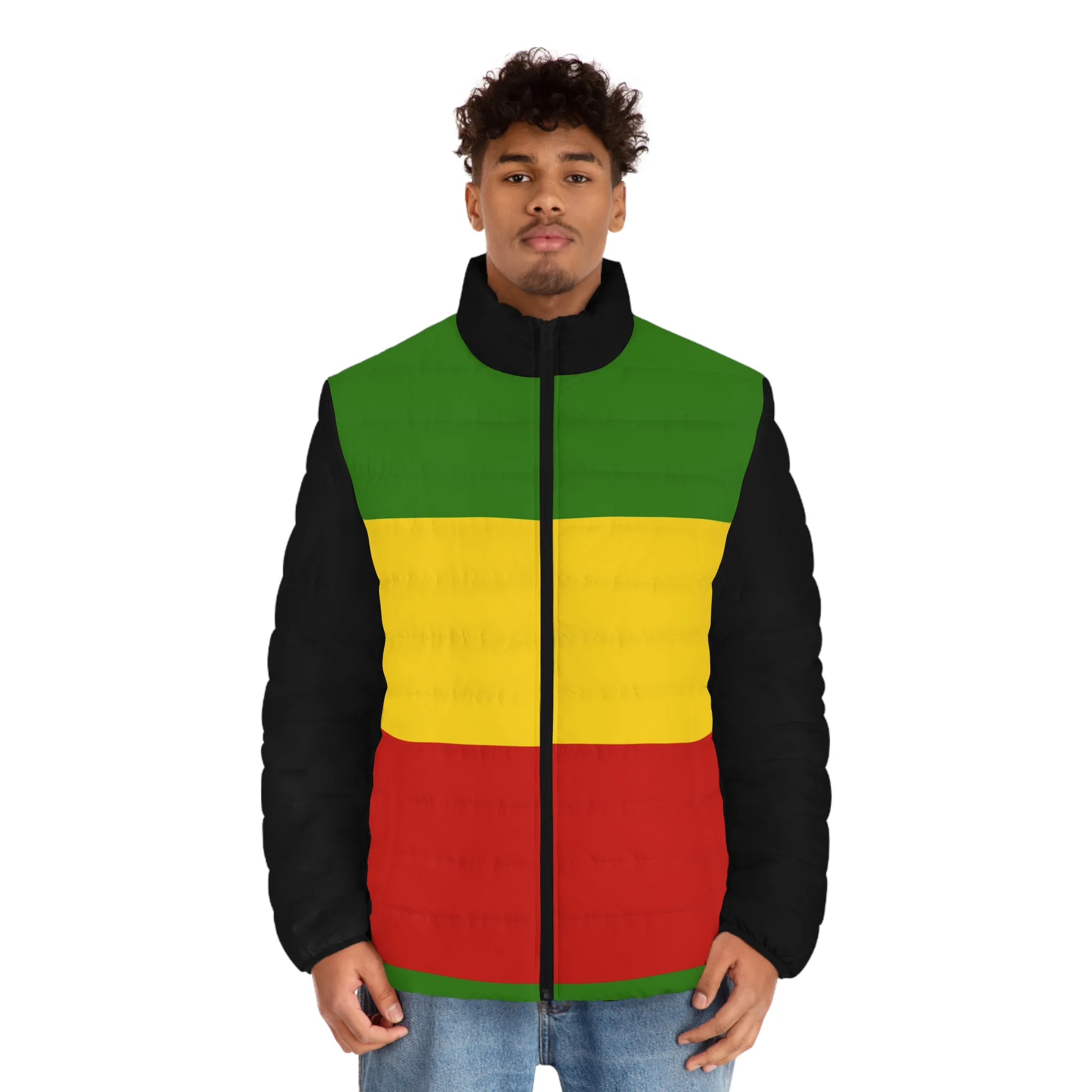 Rastafarian Puffer Jacket front model view in red gold green and black. Style, comfort and warmth in this great jacket at Rastaseed.com clothing.
