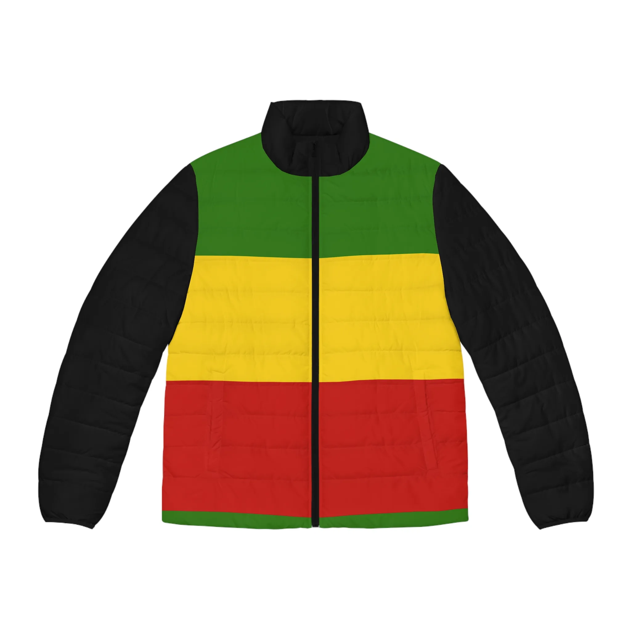 Rastafarian Puffer Jacket front view in red gold green and black. Style, comfort and warmth in this great jacket at Rastaseed.com clothing.