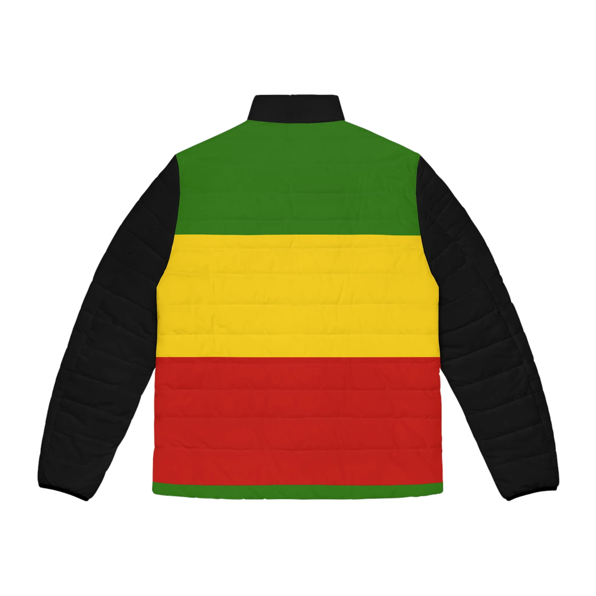 Rastafarian Puffer Jacket back view in red gold green and black. Style, comfort and warmth in this great jacket at Rastaseed.com clothing.