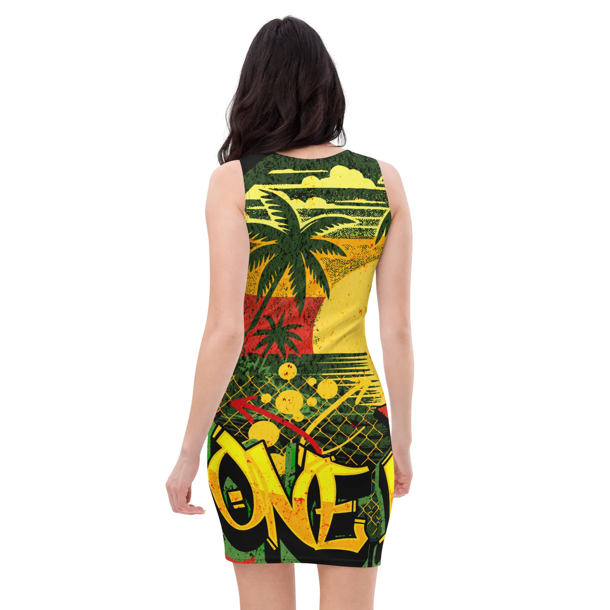 Rasta One Love dress back view in colorful Jamaican Reggae design. Fitted and body hugging, this dress is great for summer vacations.