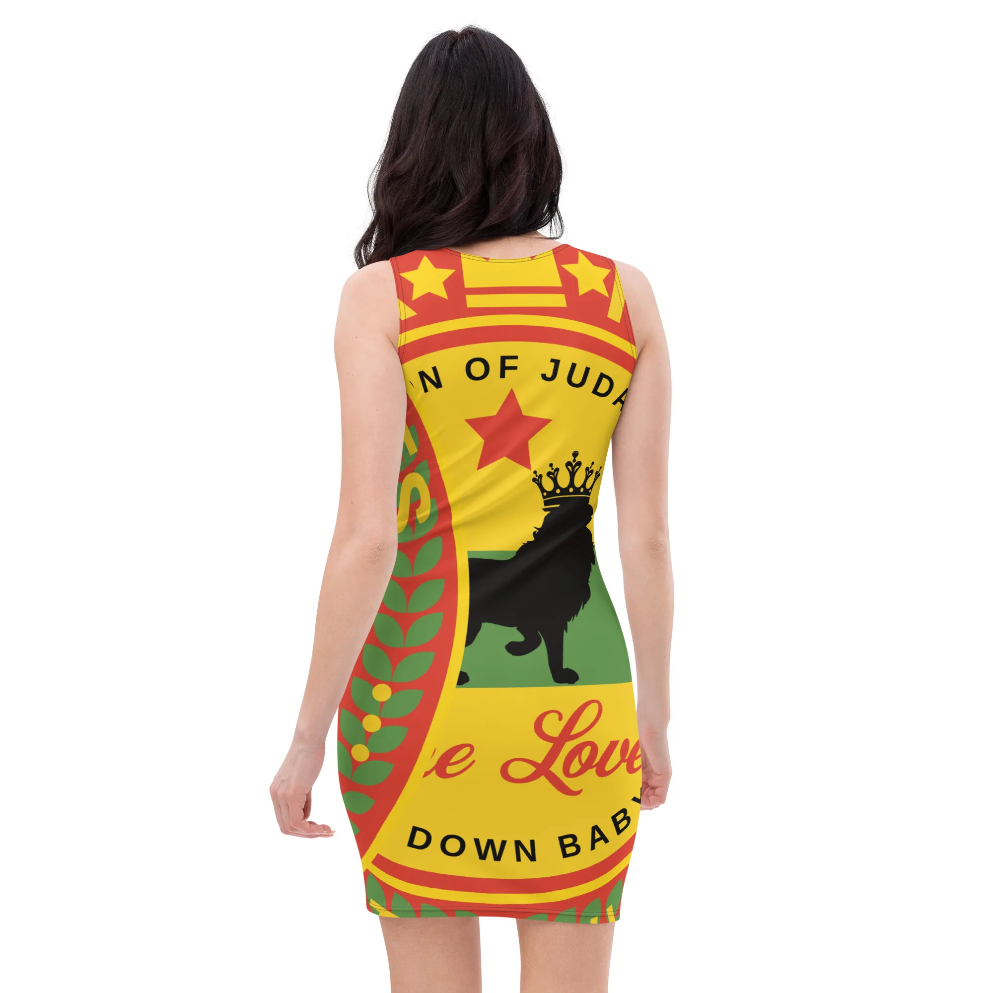 Rasta Reggae Dress in Rastafarian colors back view and Retro Design. Lion of Judah, One Love and Chant Down Babylon. Fitted Dress for a fun Festival.