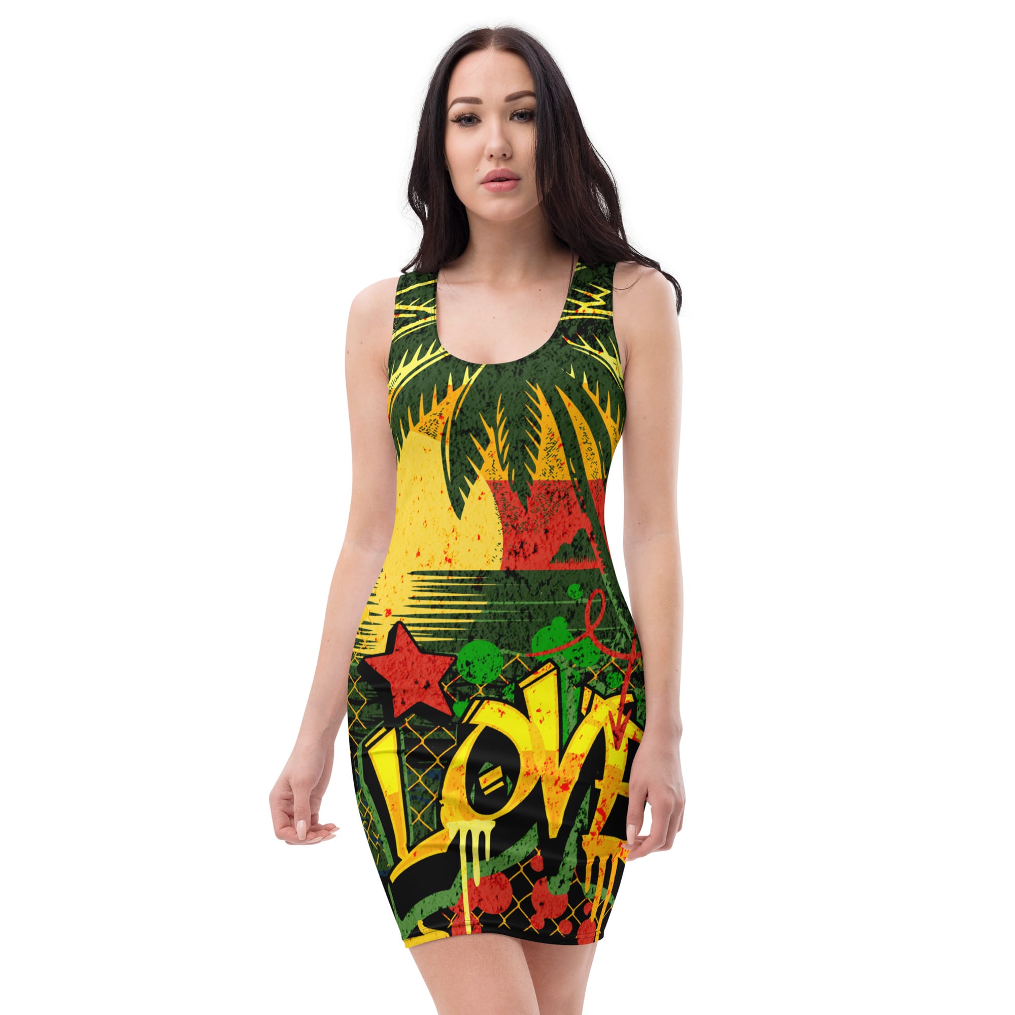 Rasta One Love dress front view in colorful Jamaican Reggae design. Fitted and body hugging, this dress is great for summer vacations.