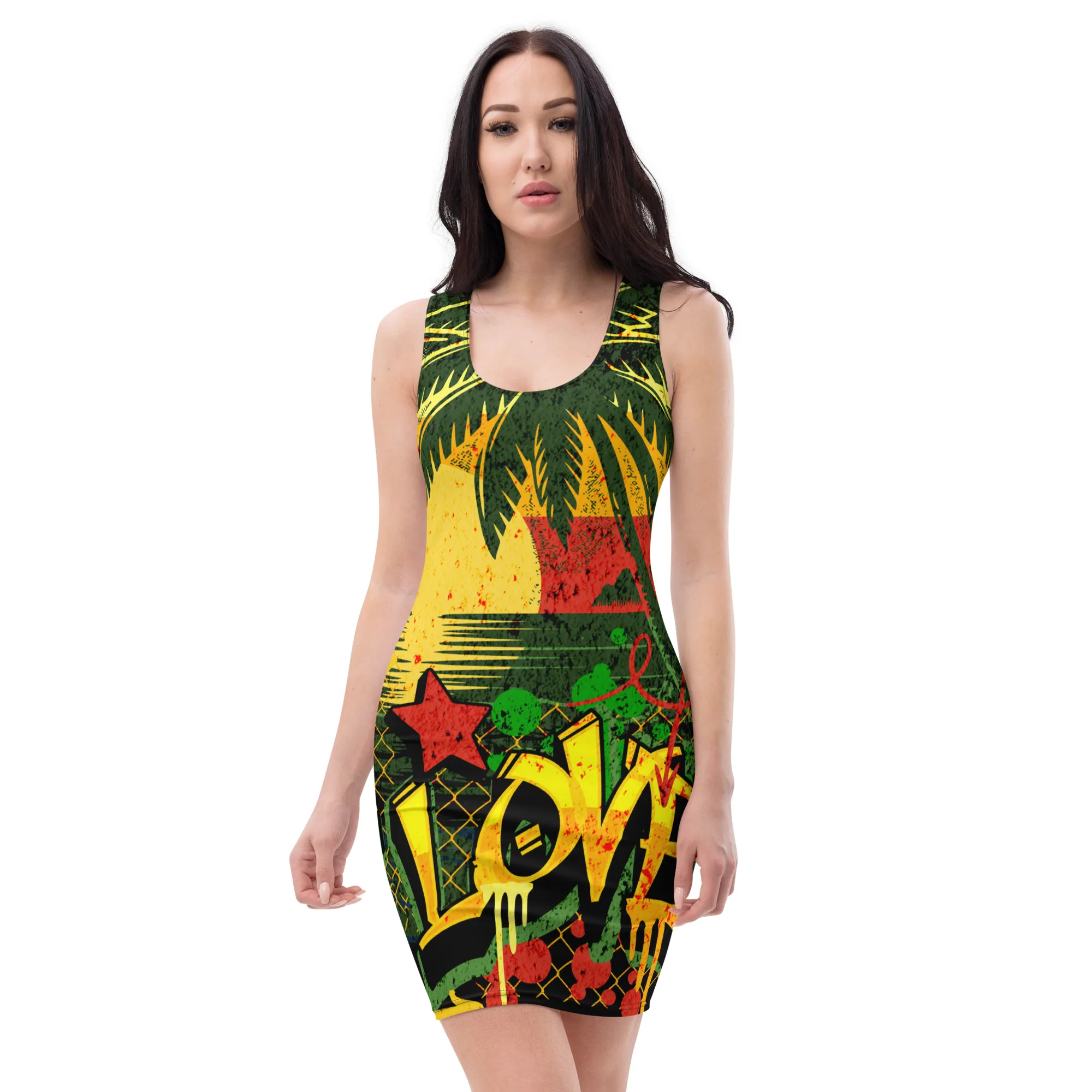 Rasta One Love dress front view in colorful Jamaican Reggae design. Fitted and body hugging, this dress is great for summer vacations.