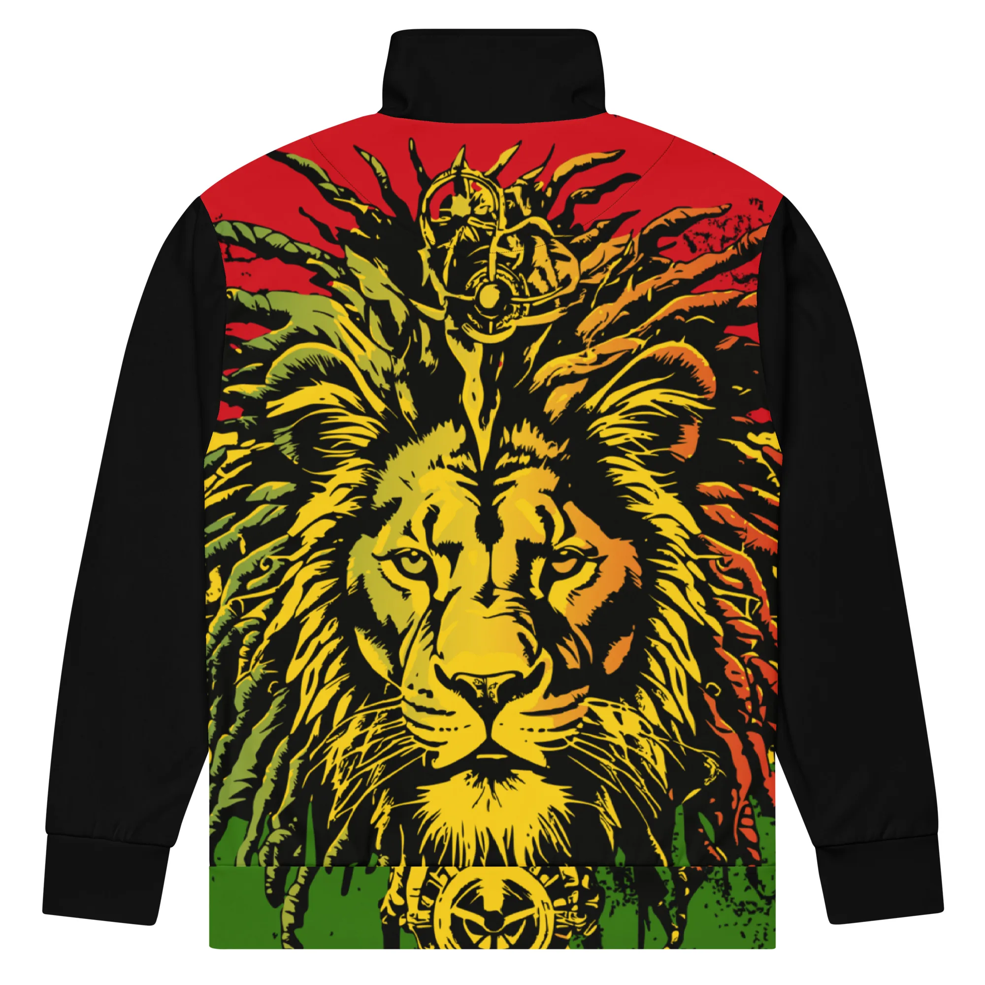 Rasta Lion of Judah Track Jacket back view in Rastafarian colors for men and women. Stand out in this dyamic design from Rastaseed Clothing Brand.