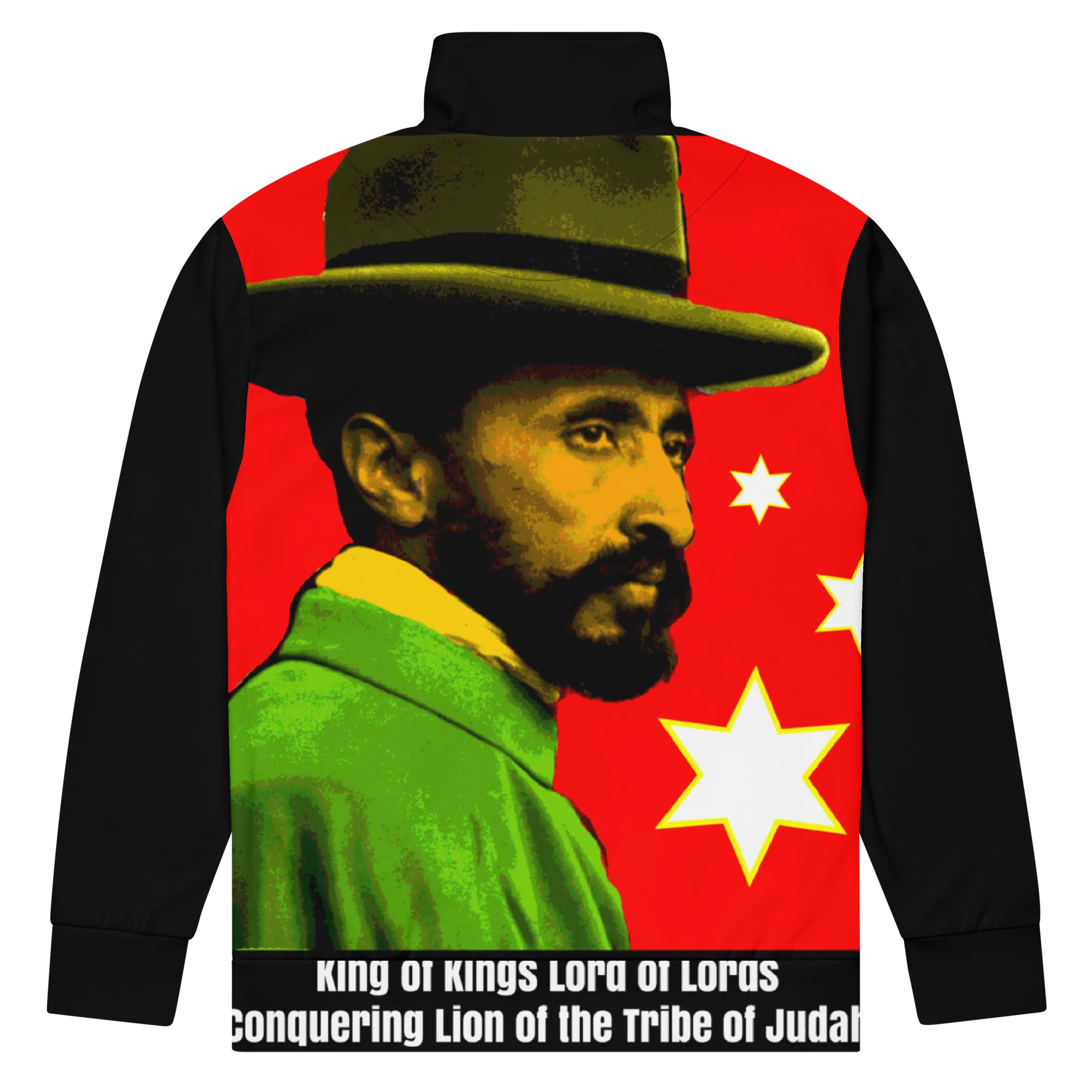 Selassie King of Kings track jacket in Red Gold Green unisex design back view. Defender of the Faith Rastaseed original clothing brand.