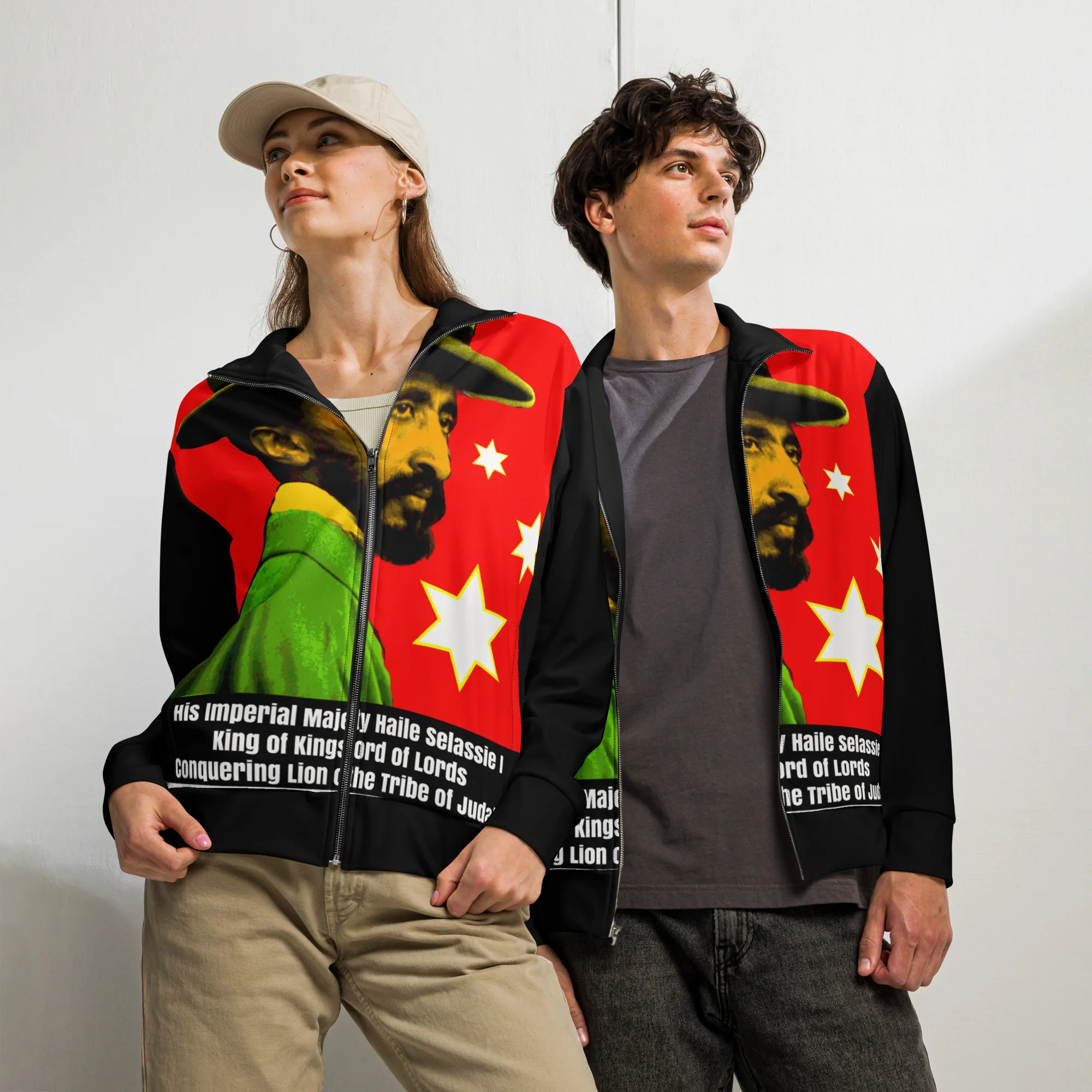 Selassie King of Kings track jacket in Red Gold Green unisex design model view. Defender of the Faith Rastaseed original clothing brand.
