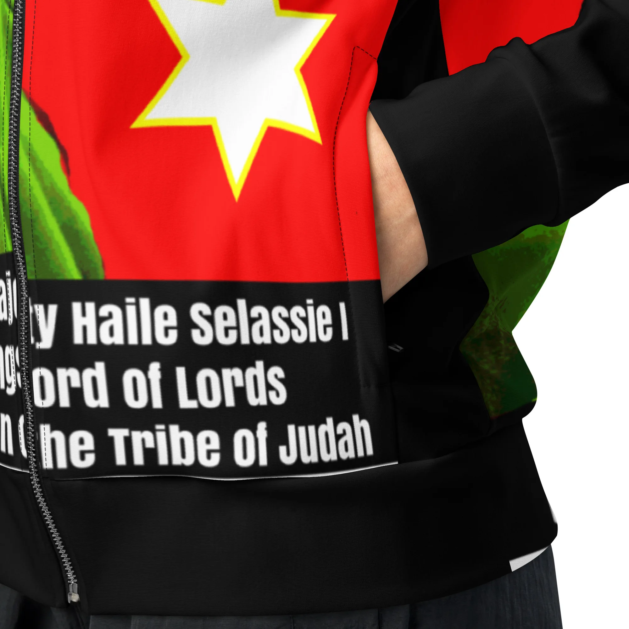 Selassie King of Kings track jacket in Red Gold Green unisex design close up view. Defender of the Faith Rastaseed original clothing brand.