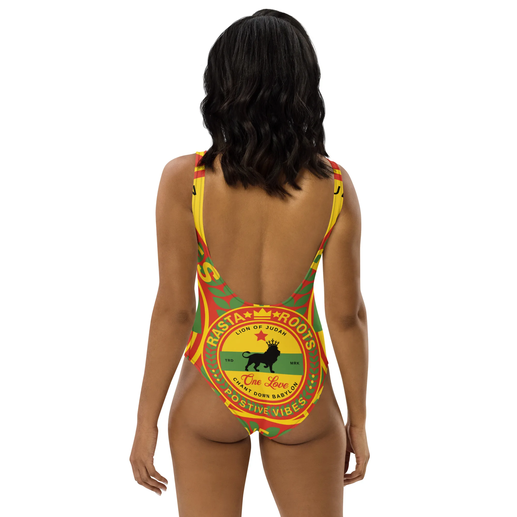 Rasta Lion Swimsuit back view in red green and black. One love and Lion of Judah symbology. Reggae gear at Rastaseed.com clothing and merchandise.