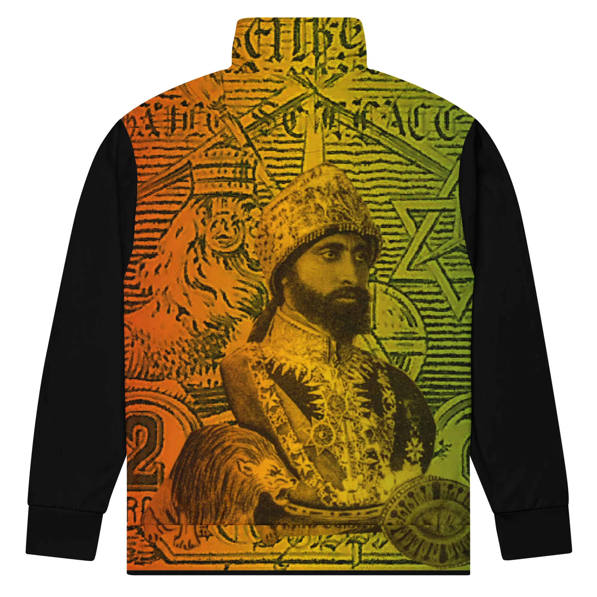 Haile Selassie track jacket back view, defender of the faith. Rasta colours with black sleeves. Rastaseed original Rasta clothing and merchandise.