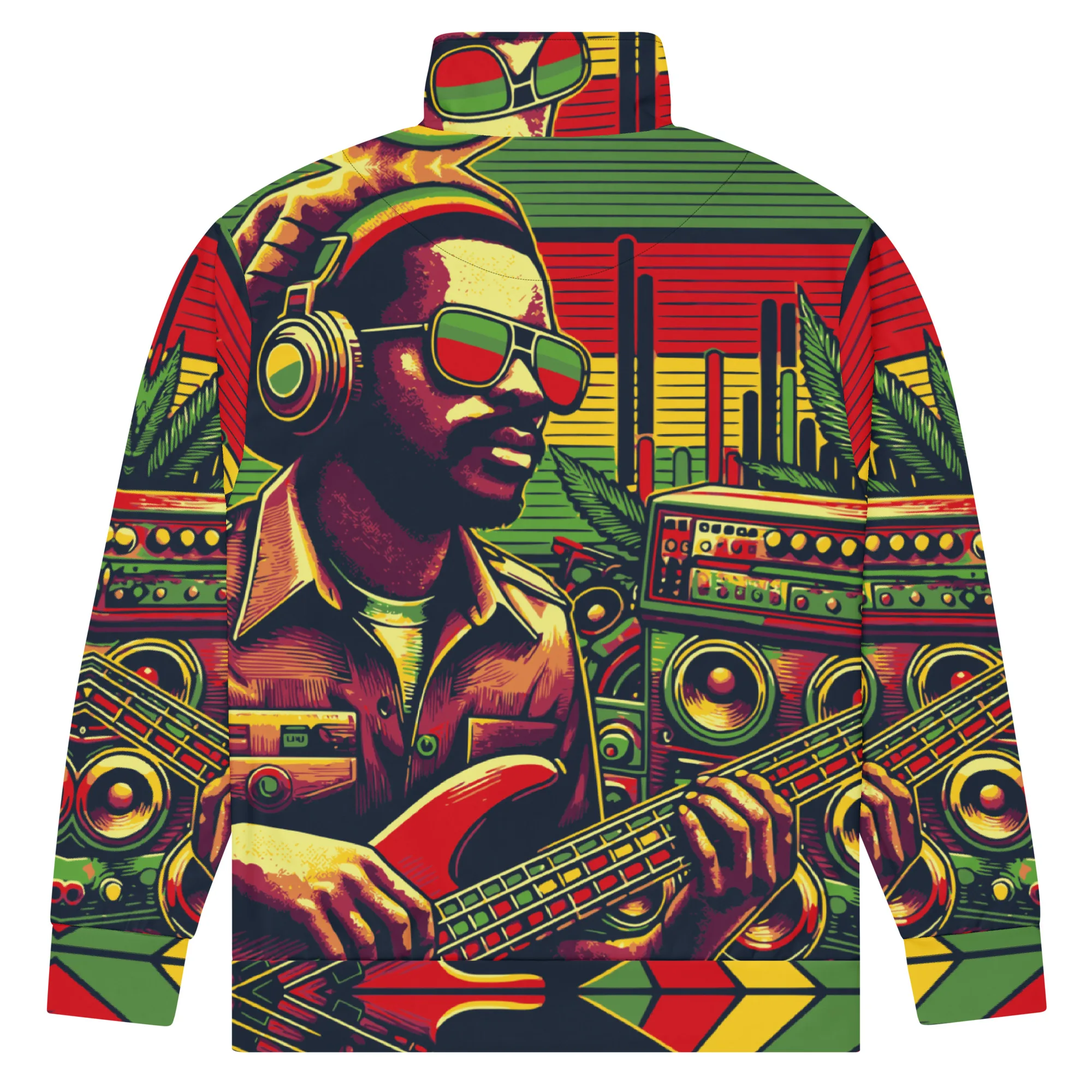 Rasta Drum and Bass Track Jacket back view in Rastafarian colors. Rastaseed clothing brand original Reggae and Jamaican merchandise and gear.