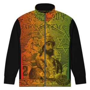 Haile Selassie track jacket, defender of the faith. Rasta colours with black sleeves. Rastaseed original Rasta clothing and merchandise.