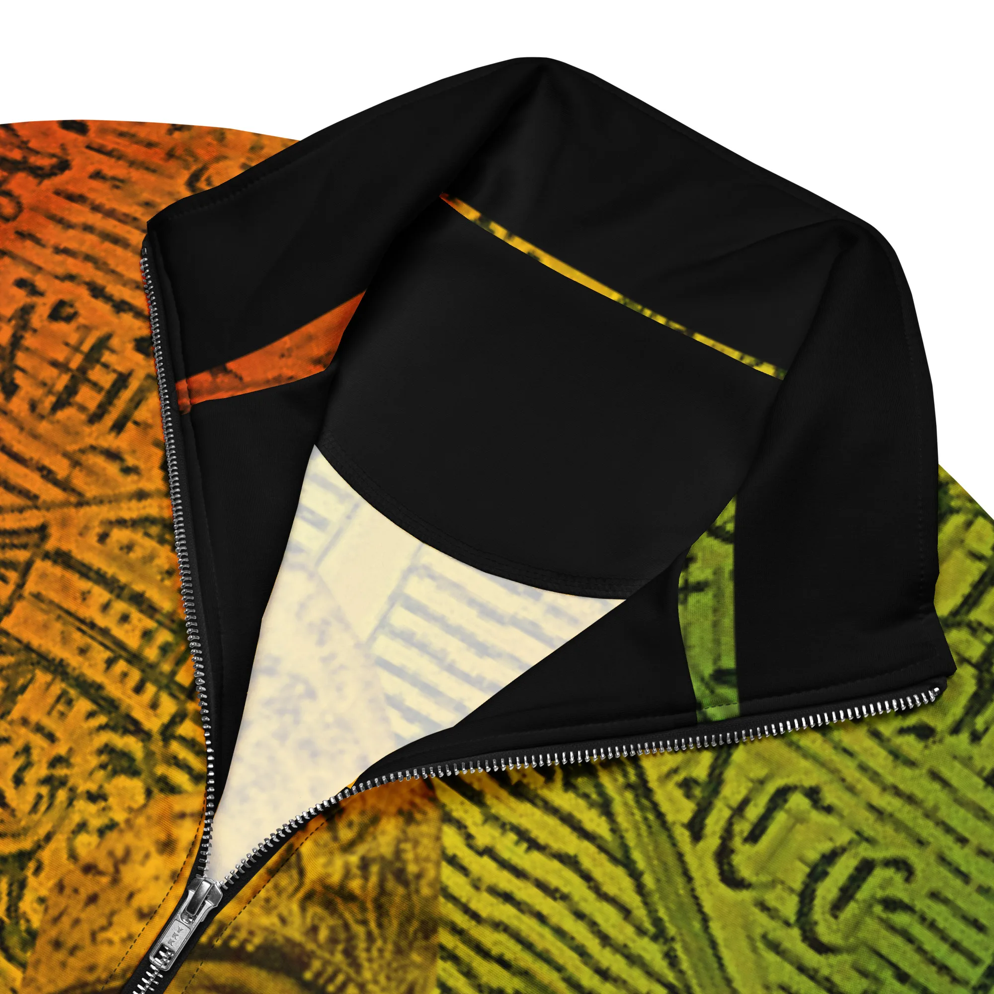 Haile Selassie track jacket collar view, defender of the faith. Rasta colours with black sleeves. Rastaseed original Rasta clothing and merchandise.
