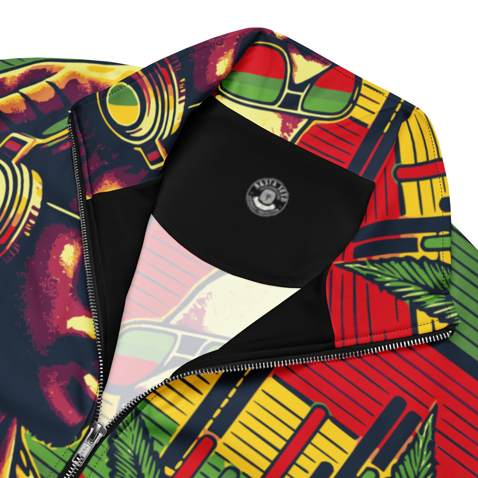 Rasta Drum and Bass Track Jacket collar view in Rastafarian colors. Rastaseed clothing brand original Reggae and Jamaican merchandise and gear.