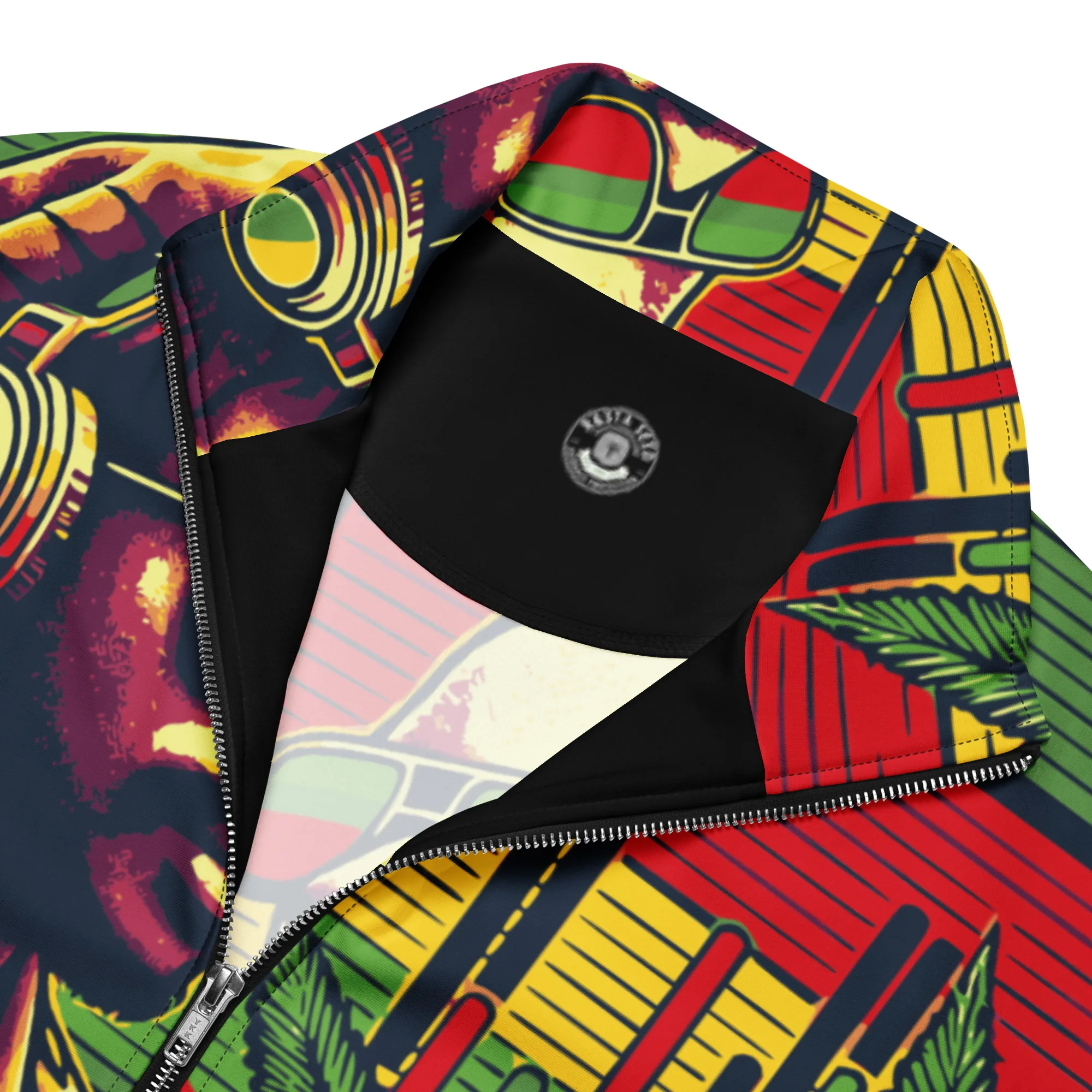 Rasta Drum and Bass Track Jacket collar view in Rastafarian colors. Rastaseed clothing brand original Reggae and Jamaican merchandise and gear.