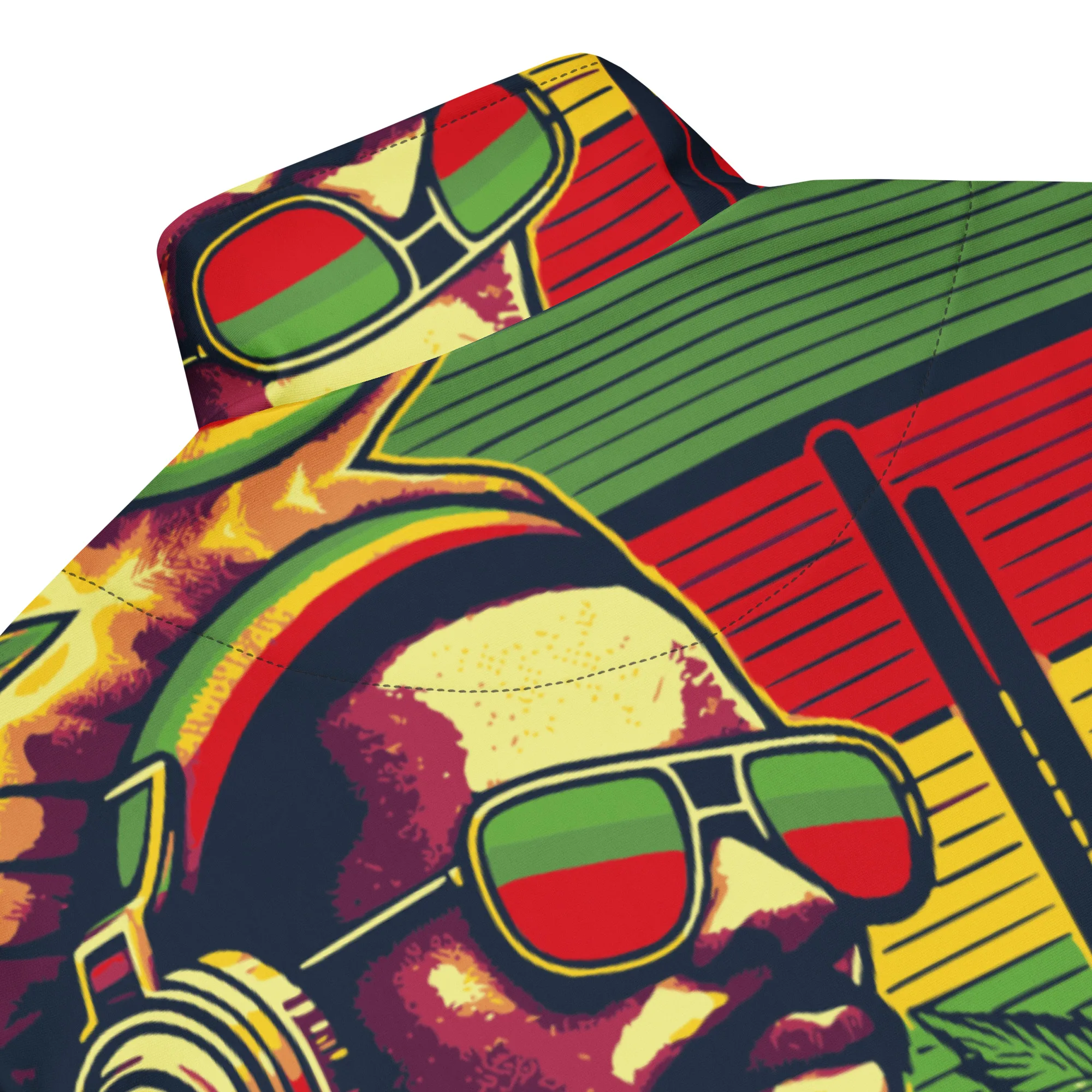 Rasta Drum and Bass Track Jacket back collar view in Rastafarian colors. Rastaseed clothing brand original Reggae and Jamaican merchandise and gear.