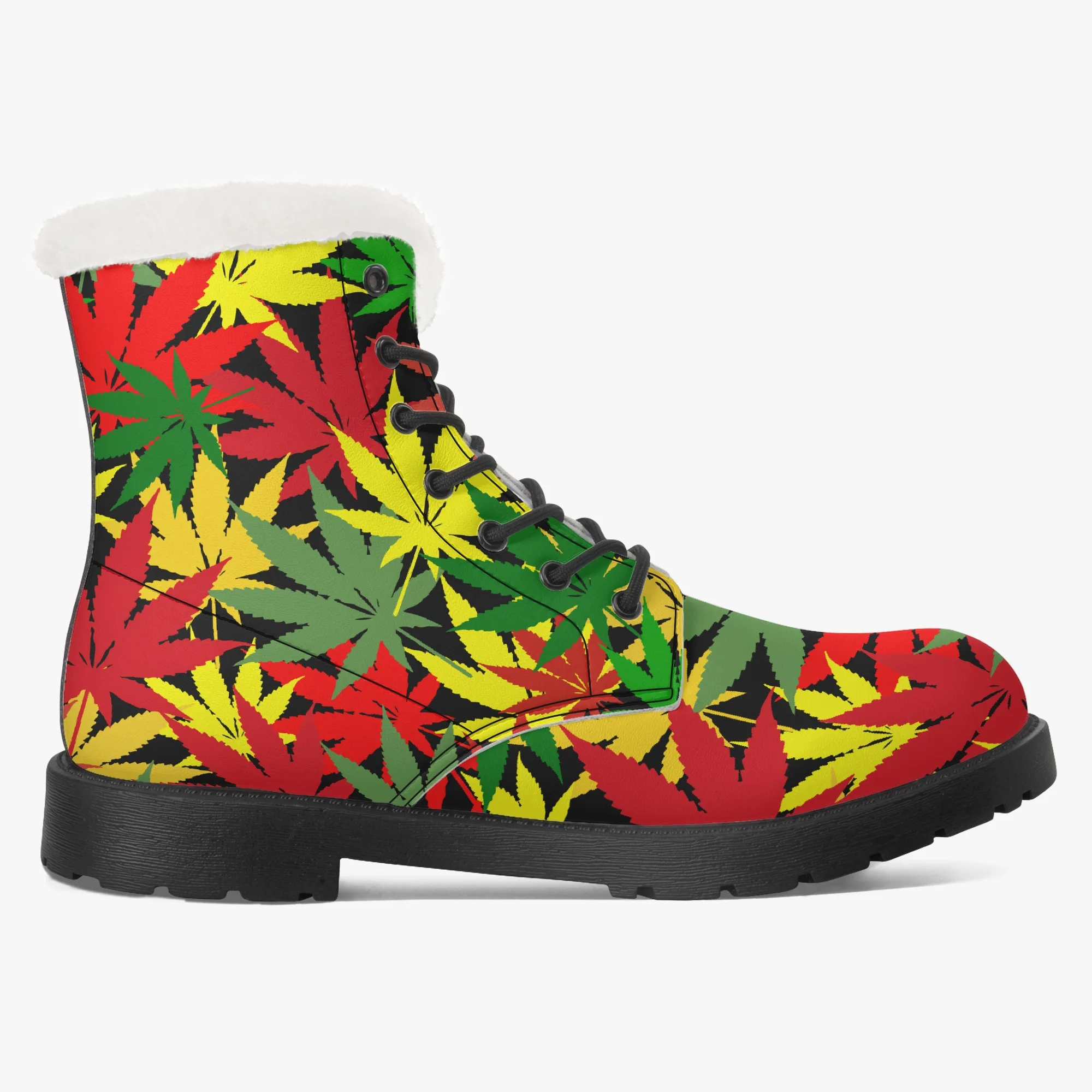 Rasta Hemp Leaf Faux Fur Leather Boots. Hemp leaf pattern in Rastafarian colors. Rastaseed merchandise Jamaican Reggae gear and clothing. Left inside view
