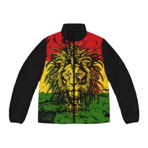 Llion of Judah Rasta puffer jacket in red gold green and black. Rastaseed Rastafarian Jamaican and Reggae merchandise and clothing.