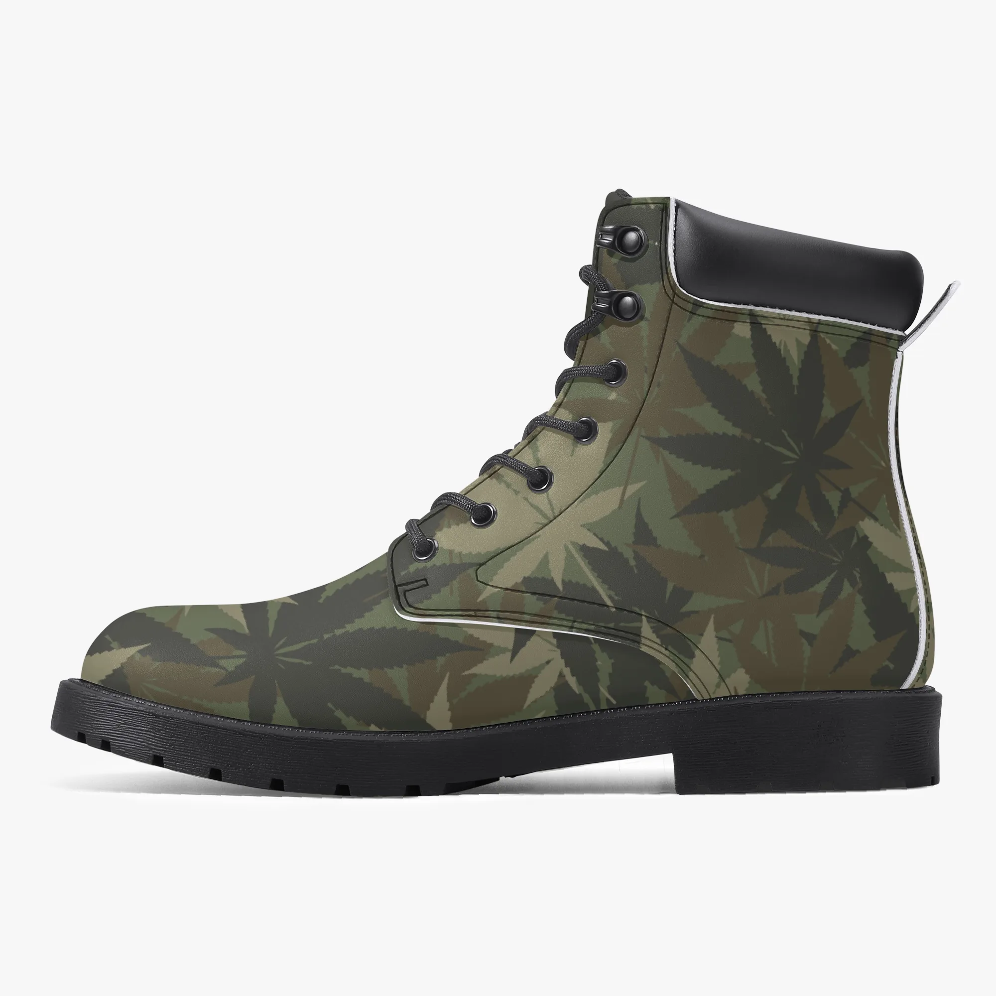 Rasta Gideon Boots in a Hemp Camouflage Pattern with Rasta flag and Lion of Judah trim. Rastaseed original Jamaican clothing shoes and gear.Left inside view.