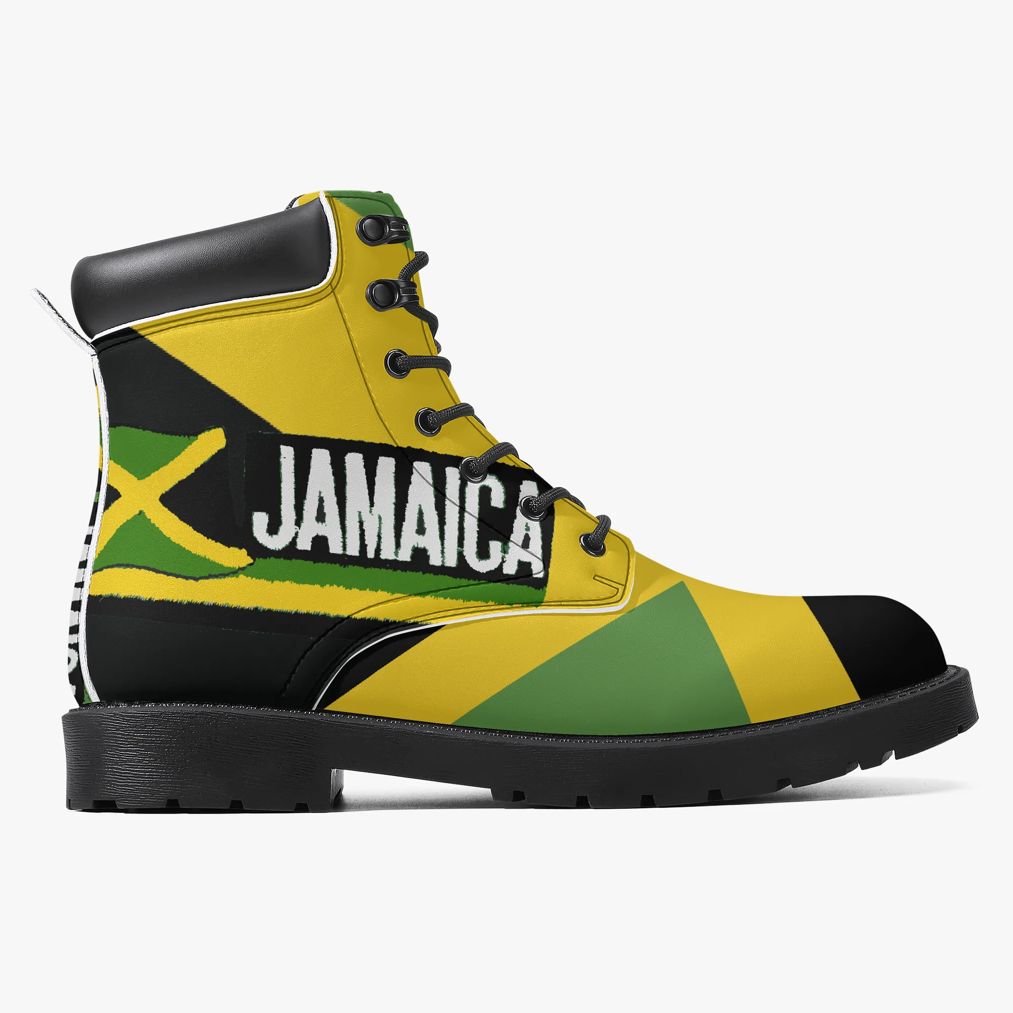 hJamaica Flag Out of Many One People Leather Boots. Unisex casual leather boot. Jamaican pride with flag and coat of arms. Rastasseed Merchandise. Right outside view.